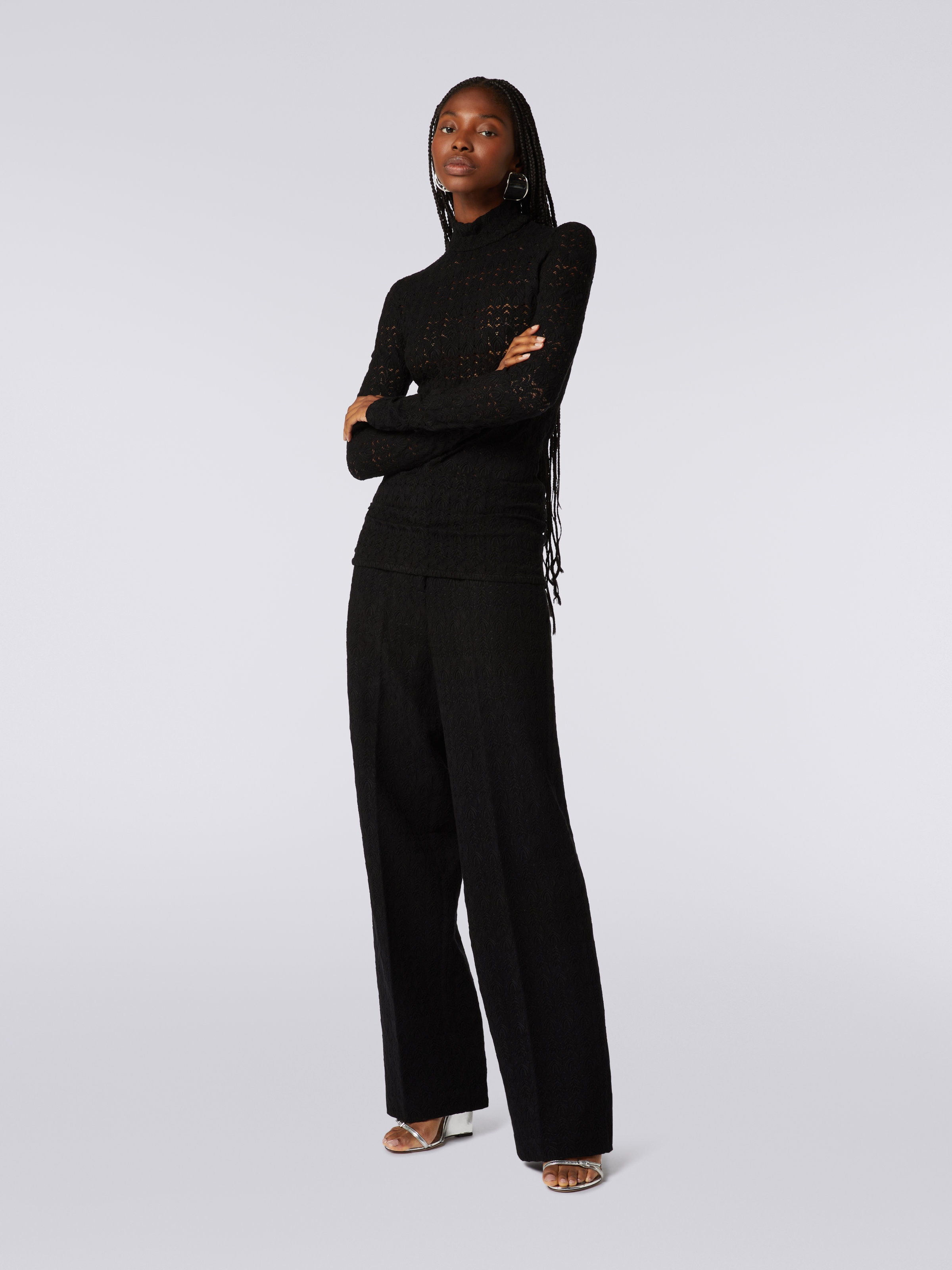 Lace-effect viscose blend high-neck pullover, Black    - 2