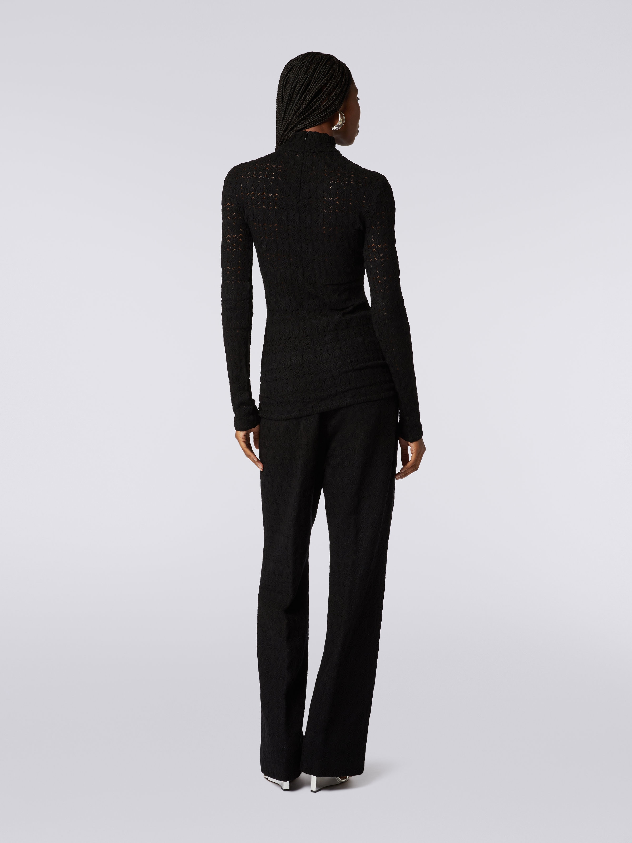 Lace-effect viscose blend high-neck pullover, Black    - 3