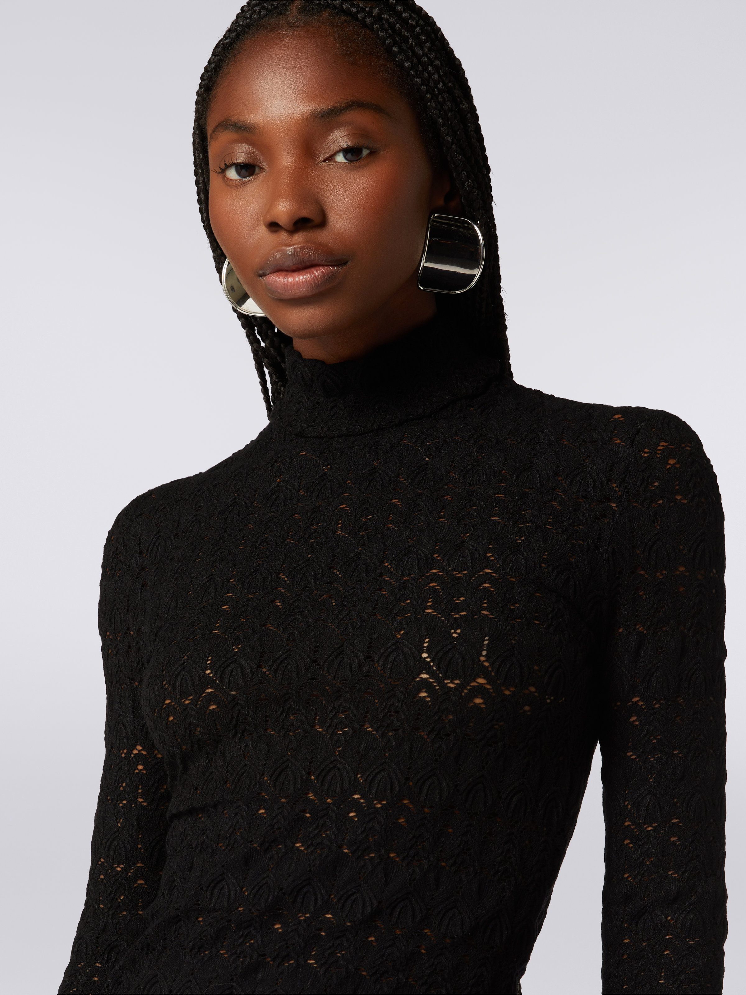 Lace-effect viscose blend high-neck pullover, Black    - 4
