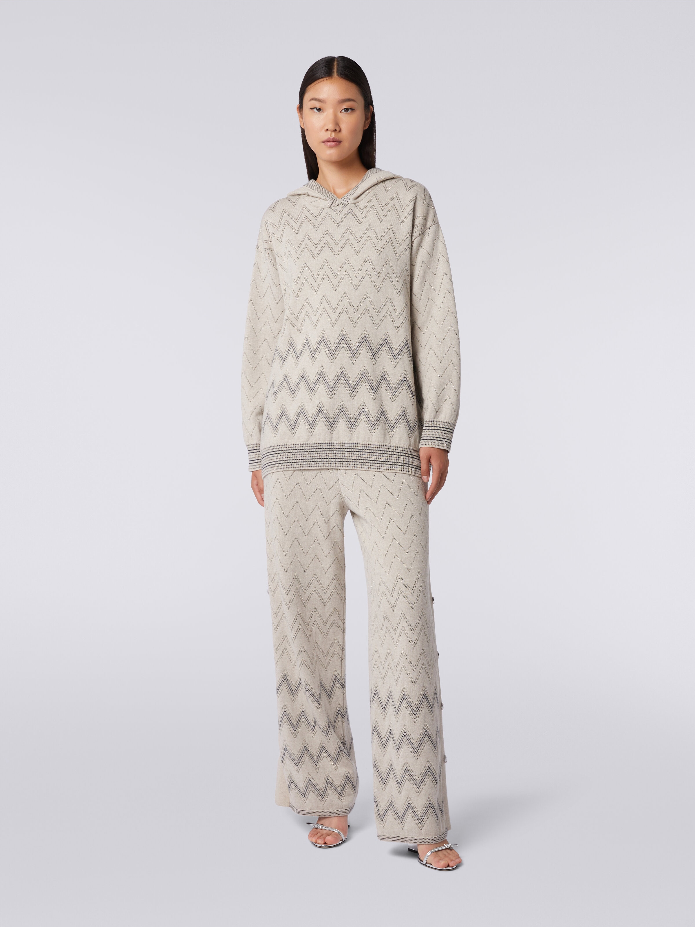 Zigzag wool blend pullover with lurex, Beige - 1