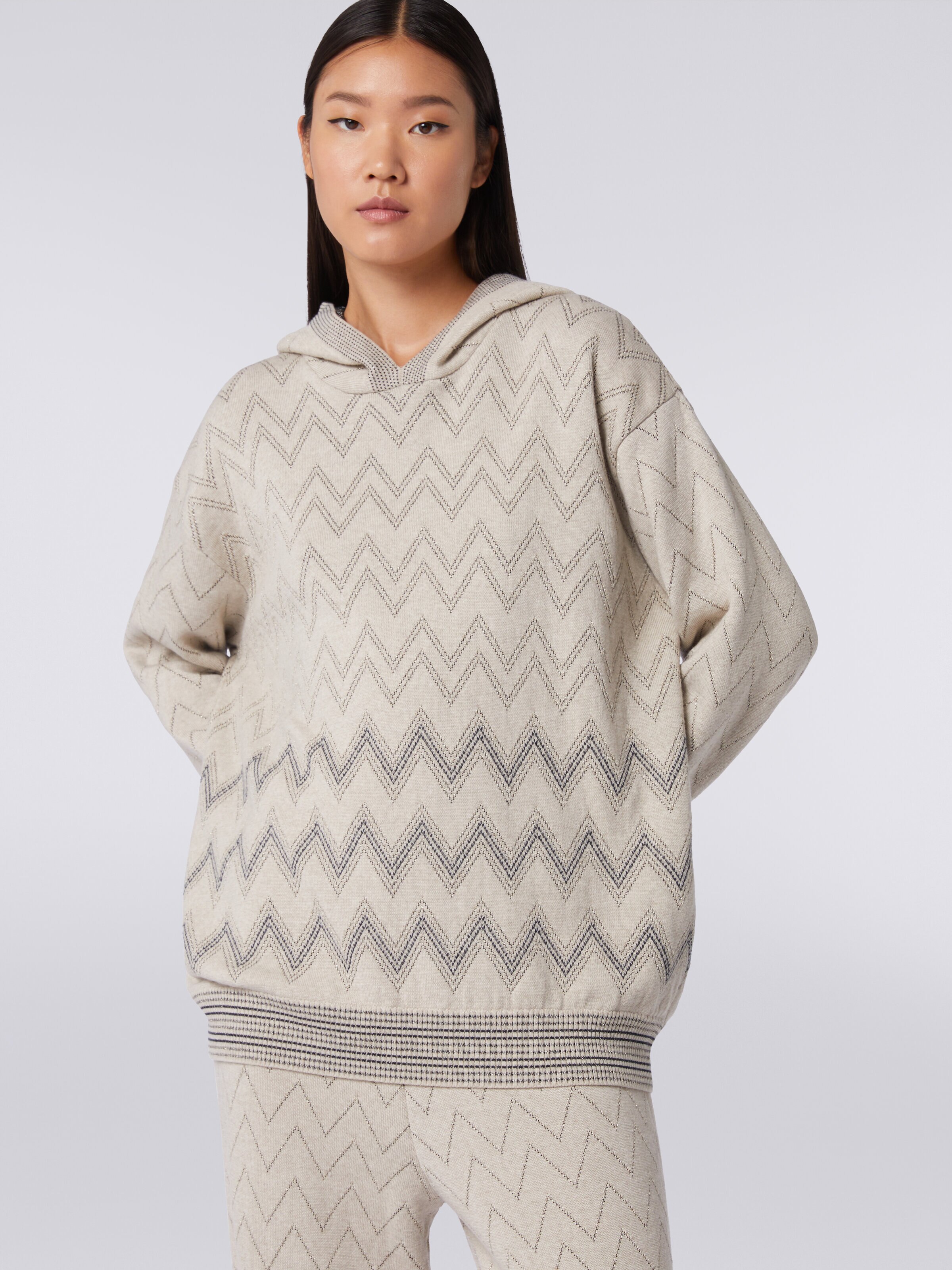 Pullover in misto lana zig zag con lurex, Beige - 4