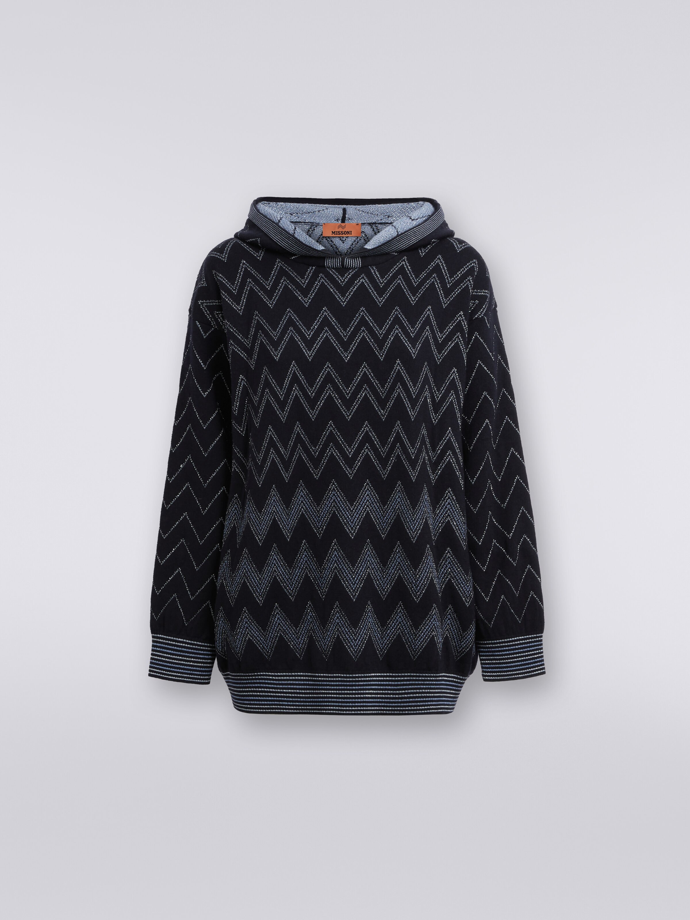 Pullover in misto lana zig zag con lurex, Blu - 0