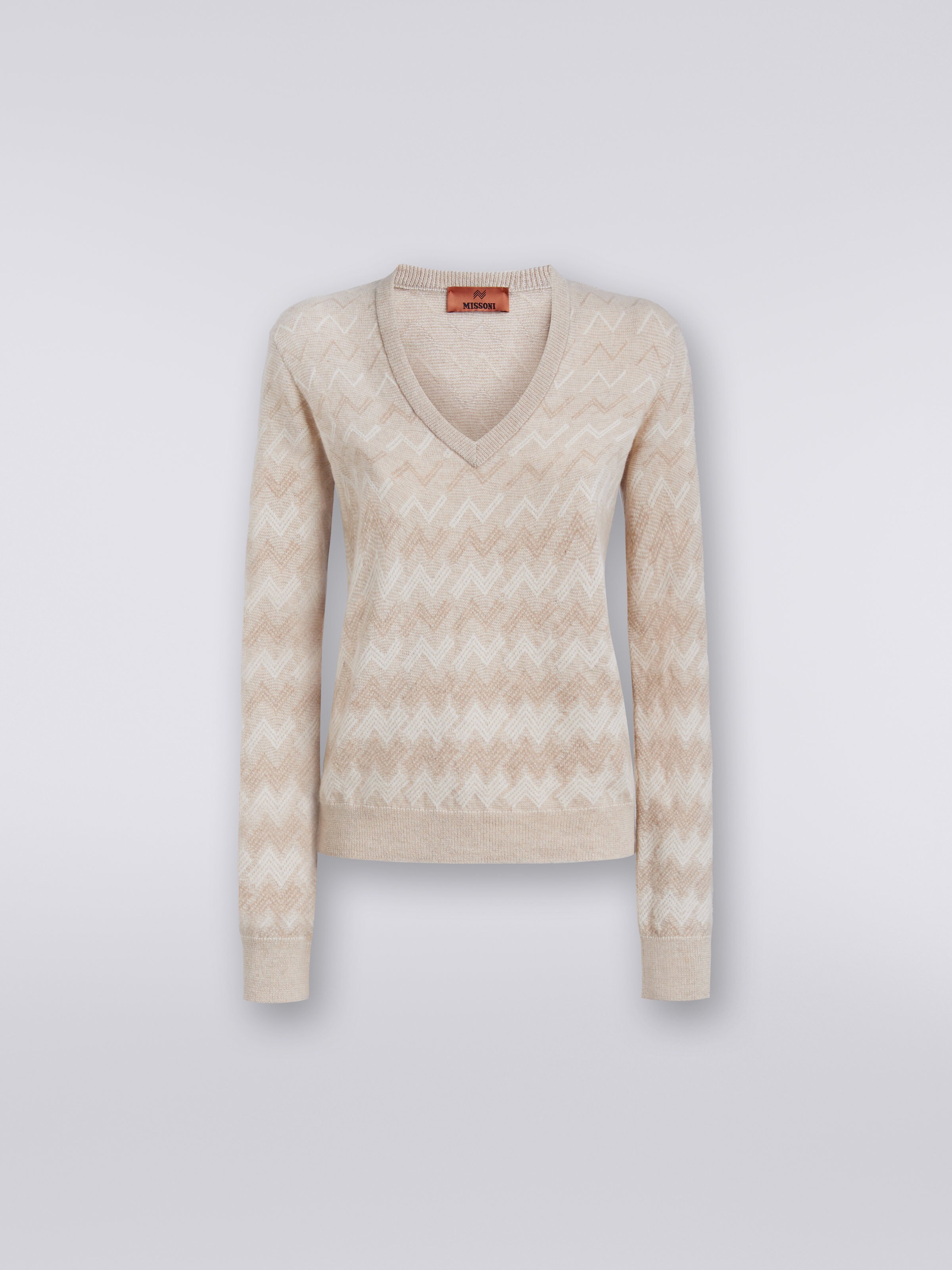 Cashmere V-neck sweater with zigzags, White  - 0