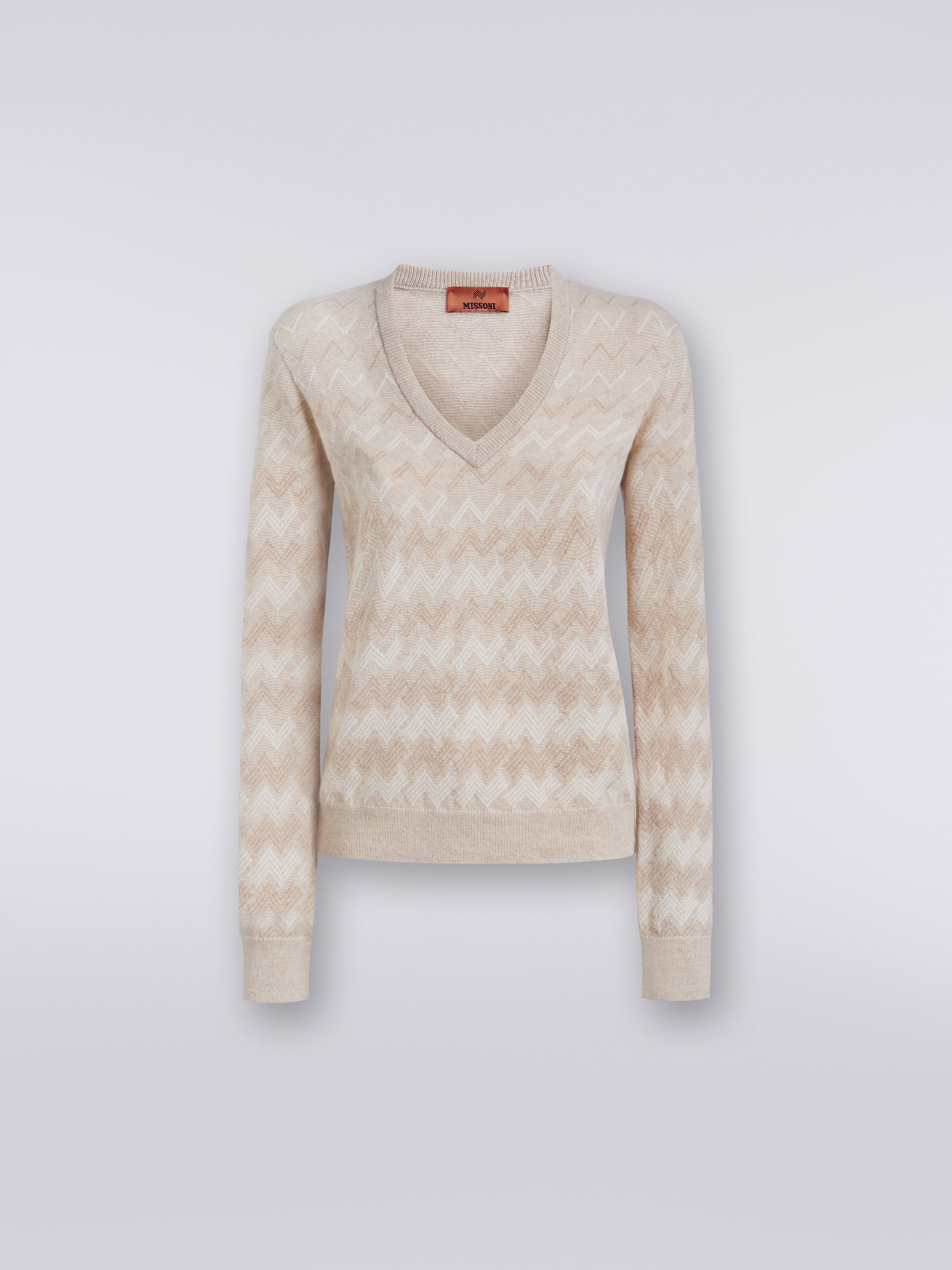 Pullover con scollo a V in cachemire con zig zag, Bianco  - 0