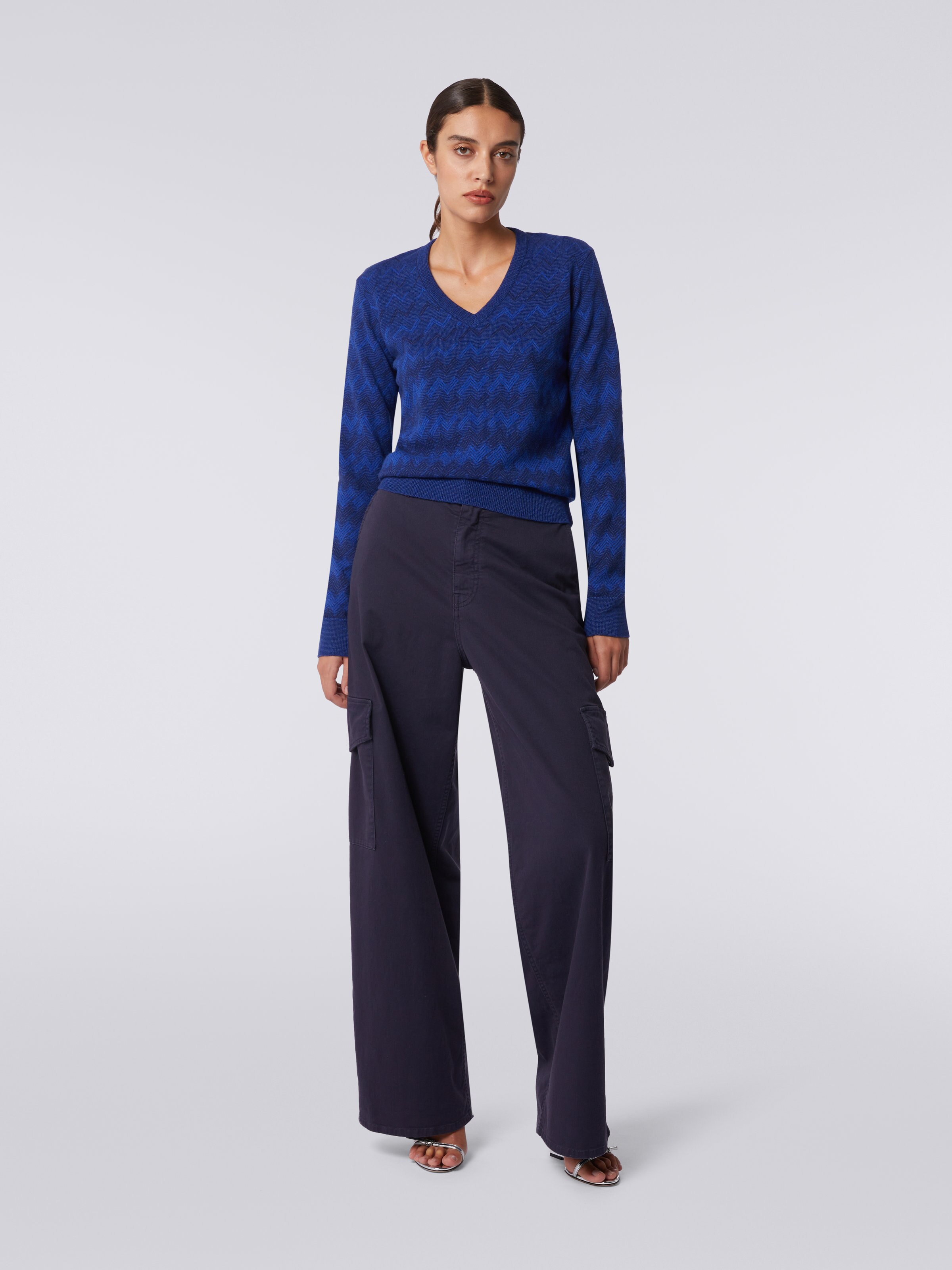 Cashmere V-neck sweater with zigzags, Navy Blue  - 1