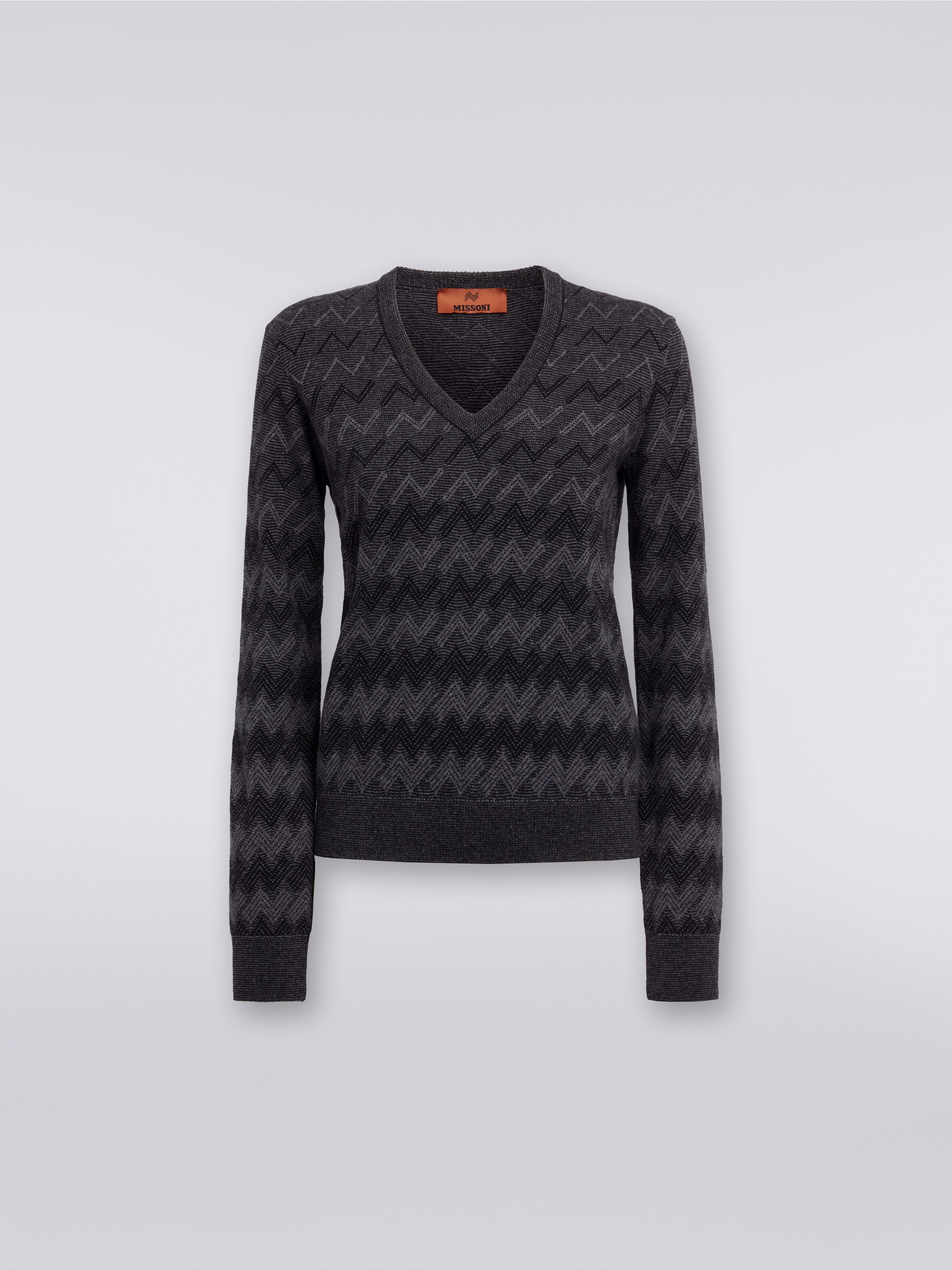 Cashmere V-neck sweater with zigzags, Black    - 0