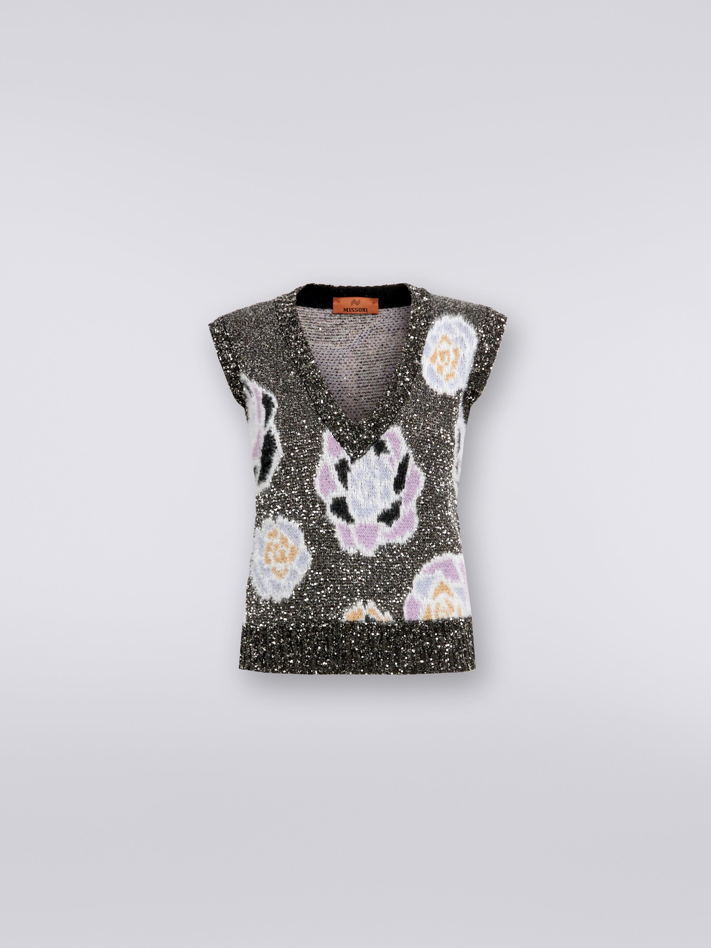 Wool blend V-neck vest with roses and sequins, Multicoloured  - 0