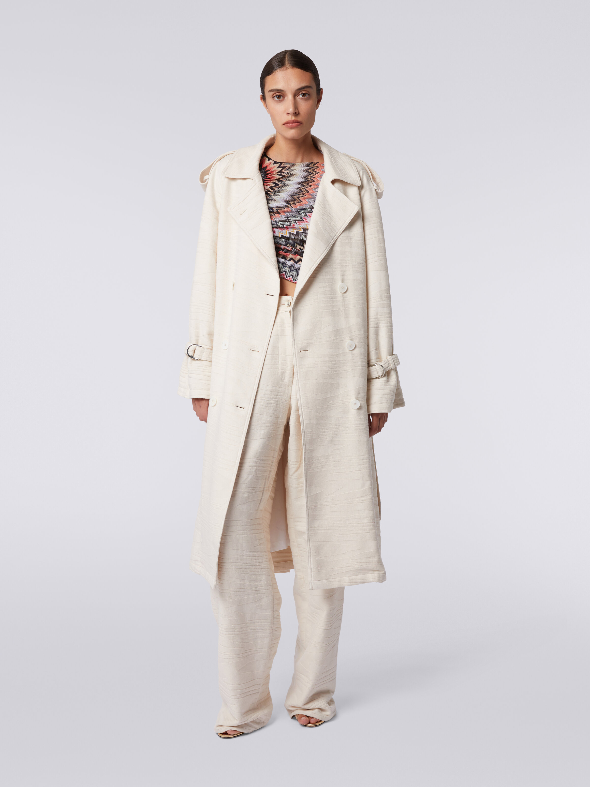 Trench coat in slub jacquard cotton canvas, Beige - 1