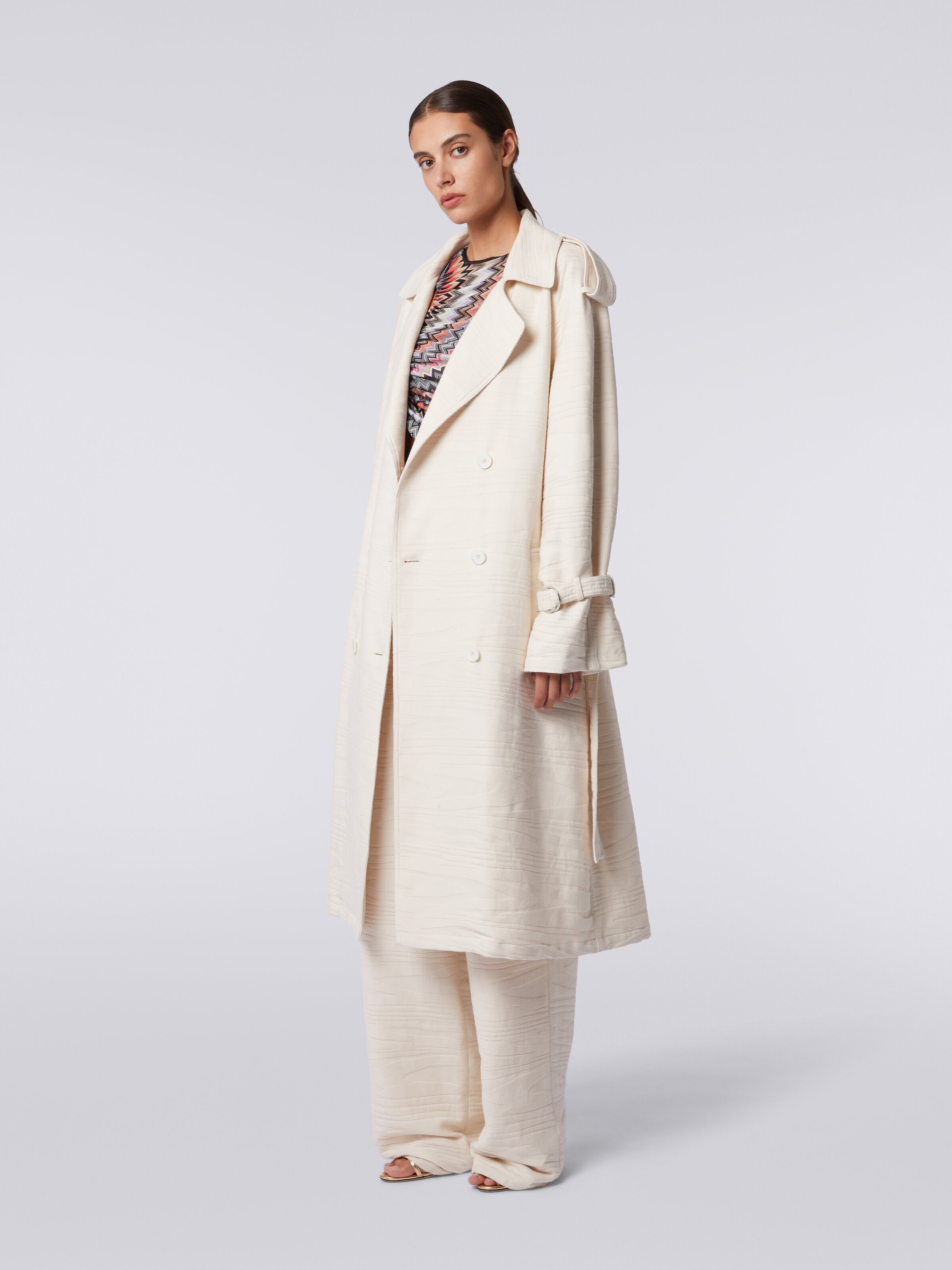 Trench in canvas di cotone jacquard fimmato, Beige - 2