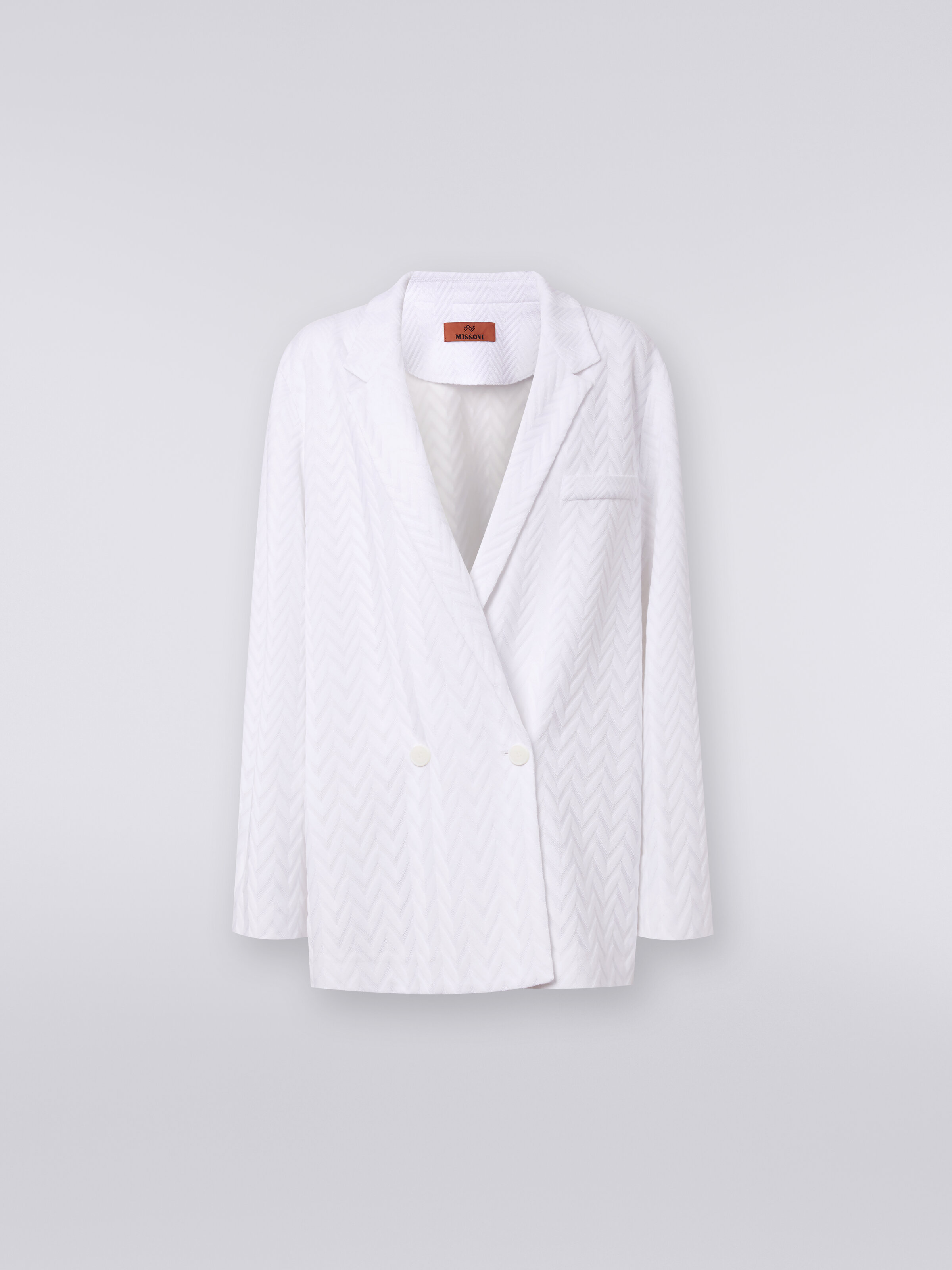 Double-breasted blazer in tonal zigzag cotton and viscose, White  - 0