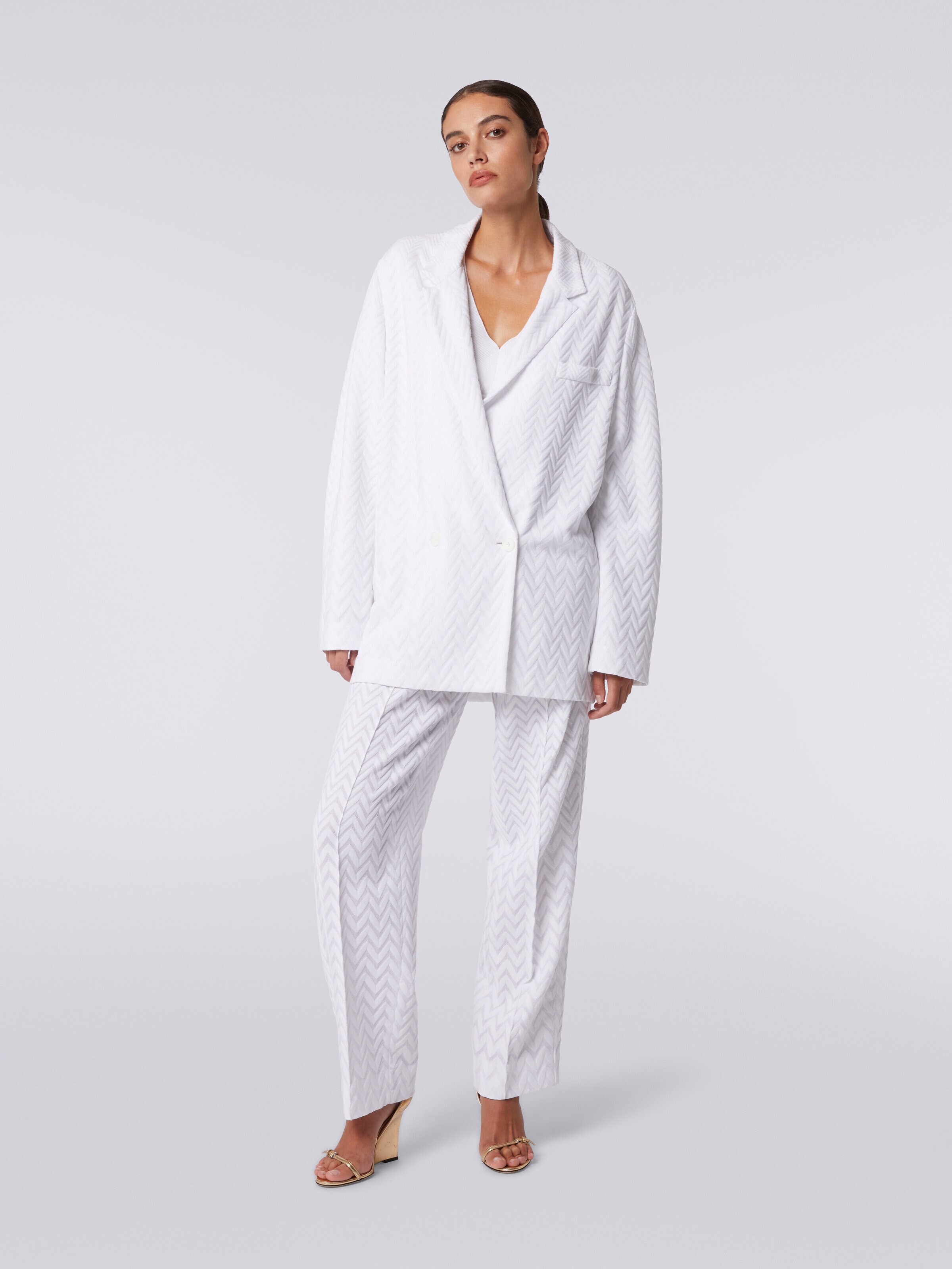 Double-breasted blazer in tonal zigzag cotton and viscose, White  - 1
