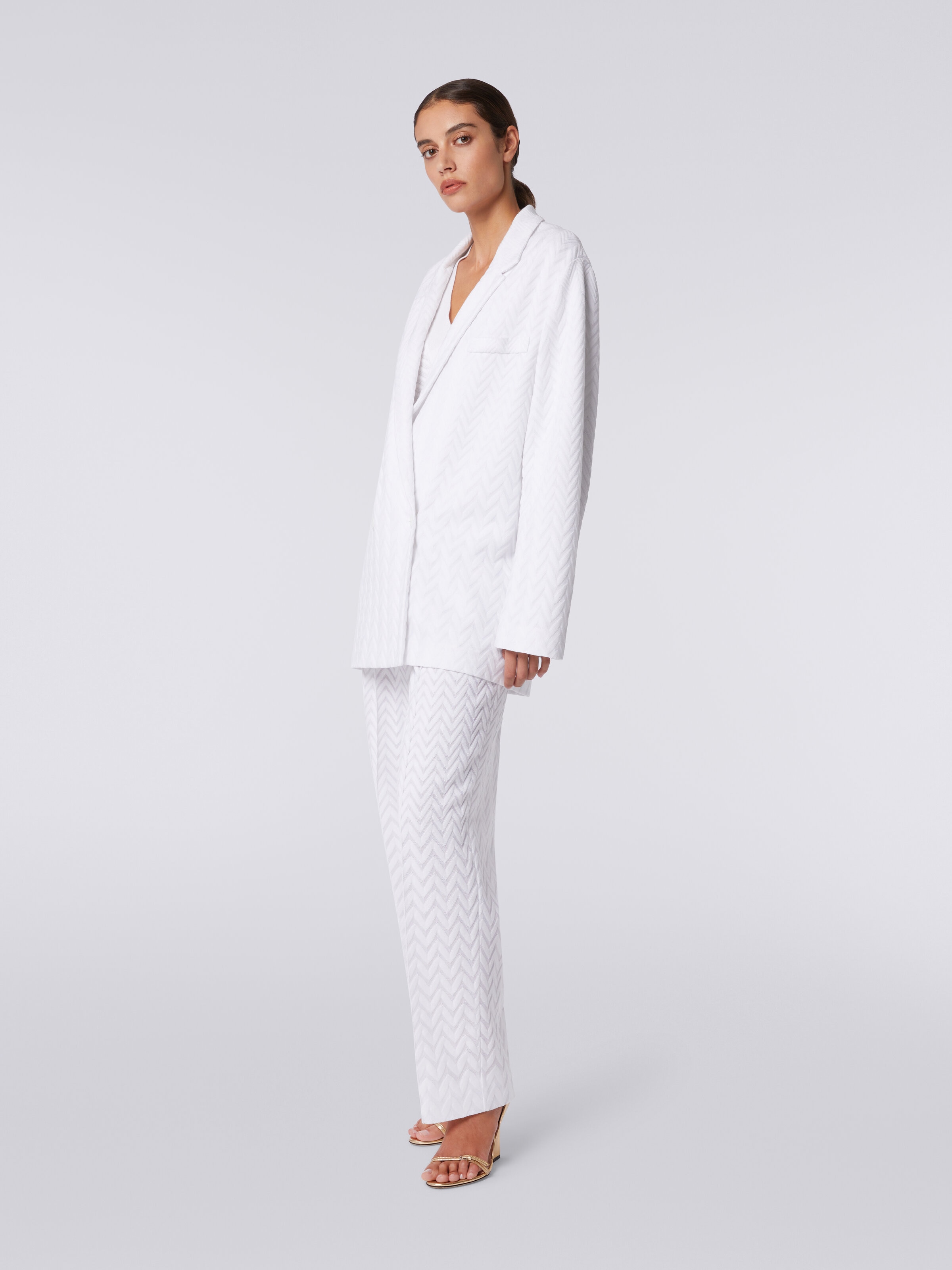 Double-breasted blazer in tonal zigzag cotton and viscose, White  - 2