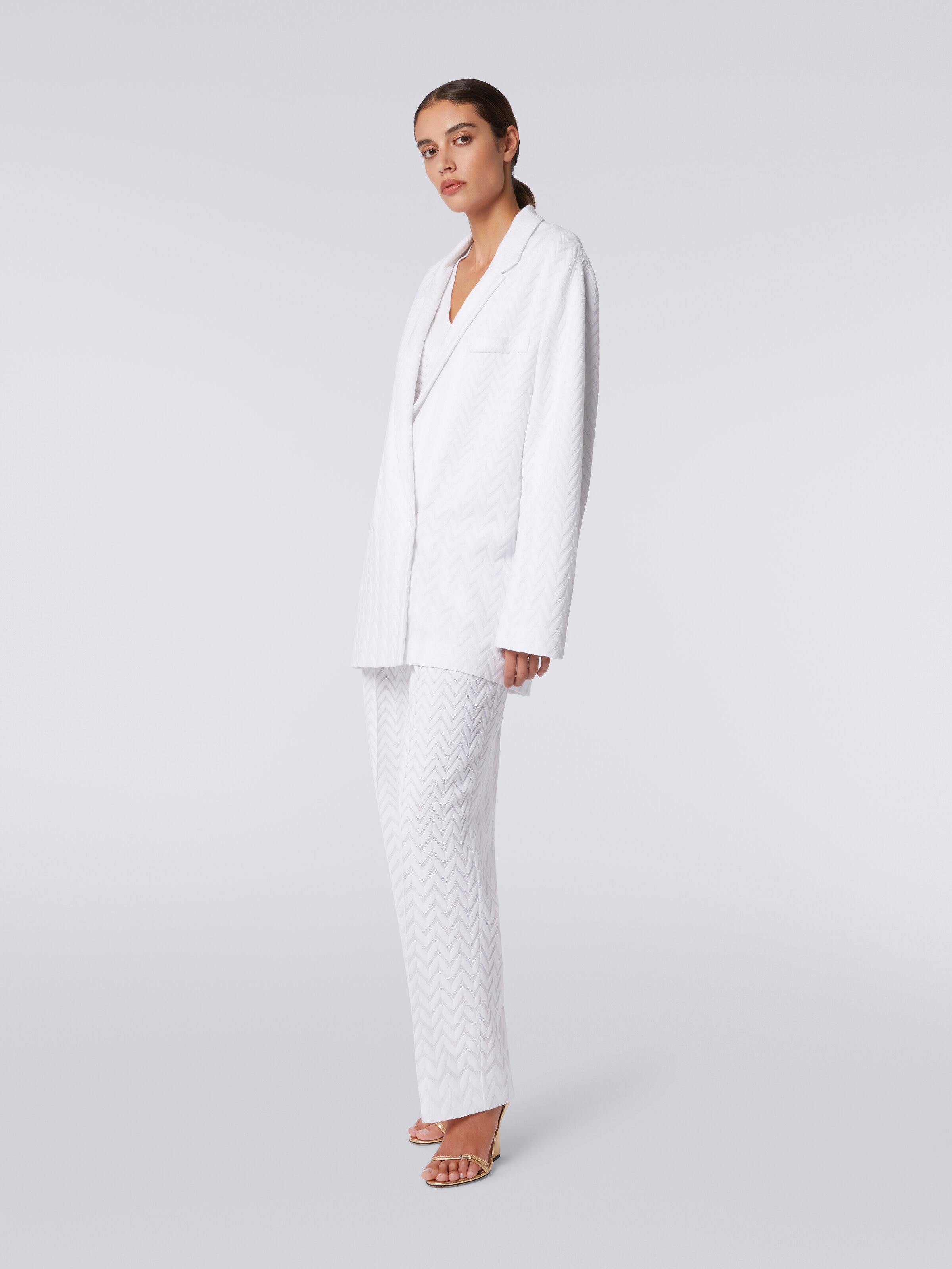 Blazer à double boutonnage en coton et viscose à zig zag ton sur ton, Blanc  - 2