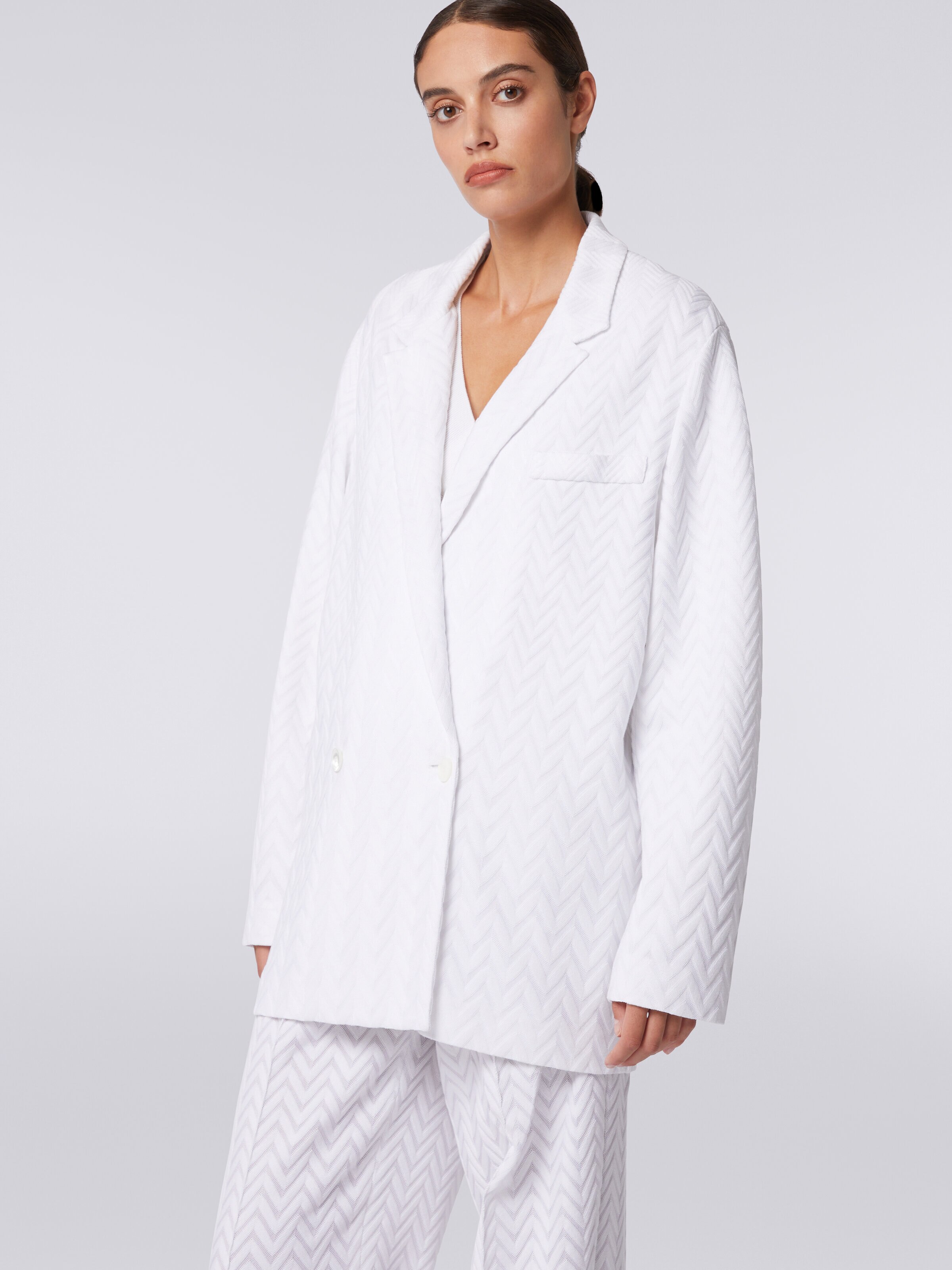 Double-breasted blazer in tonal zigzag cotton and viscose, White  - 4