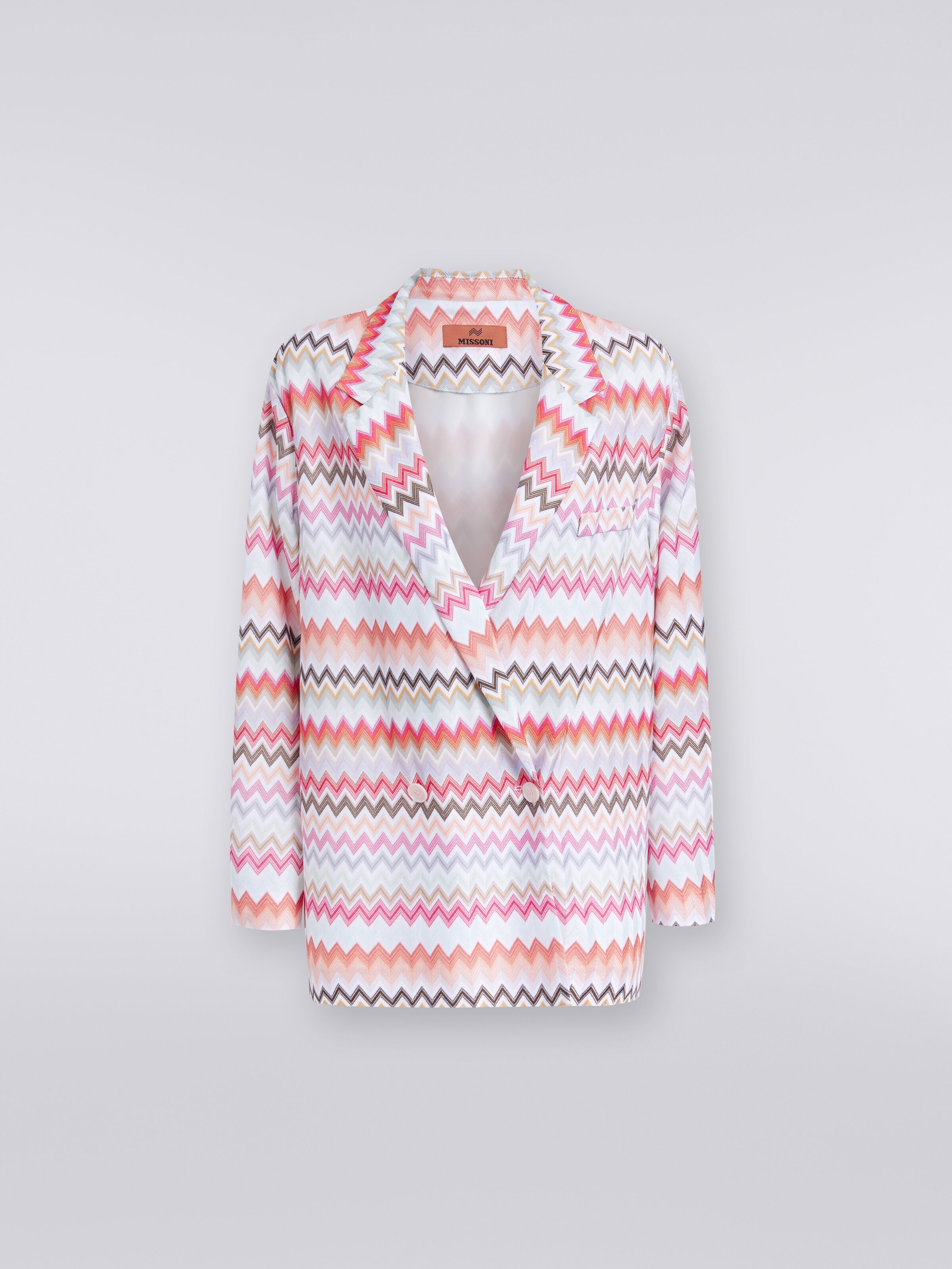 Double-breasted blazer in zigzag print cotton and viscose, Multicoloured  - 0