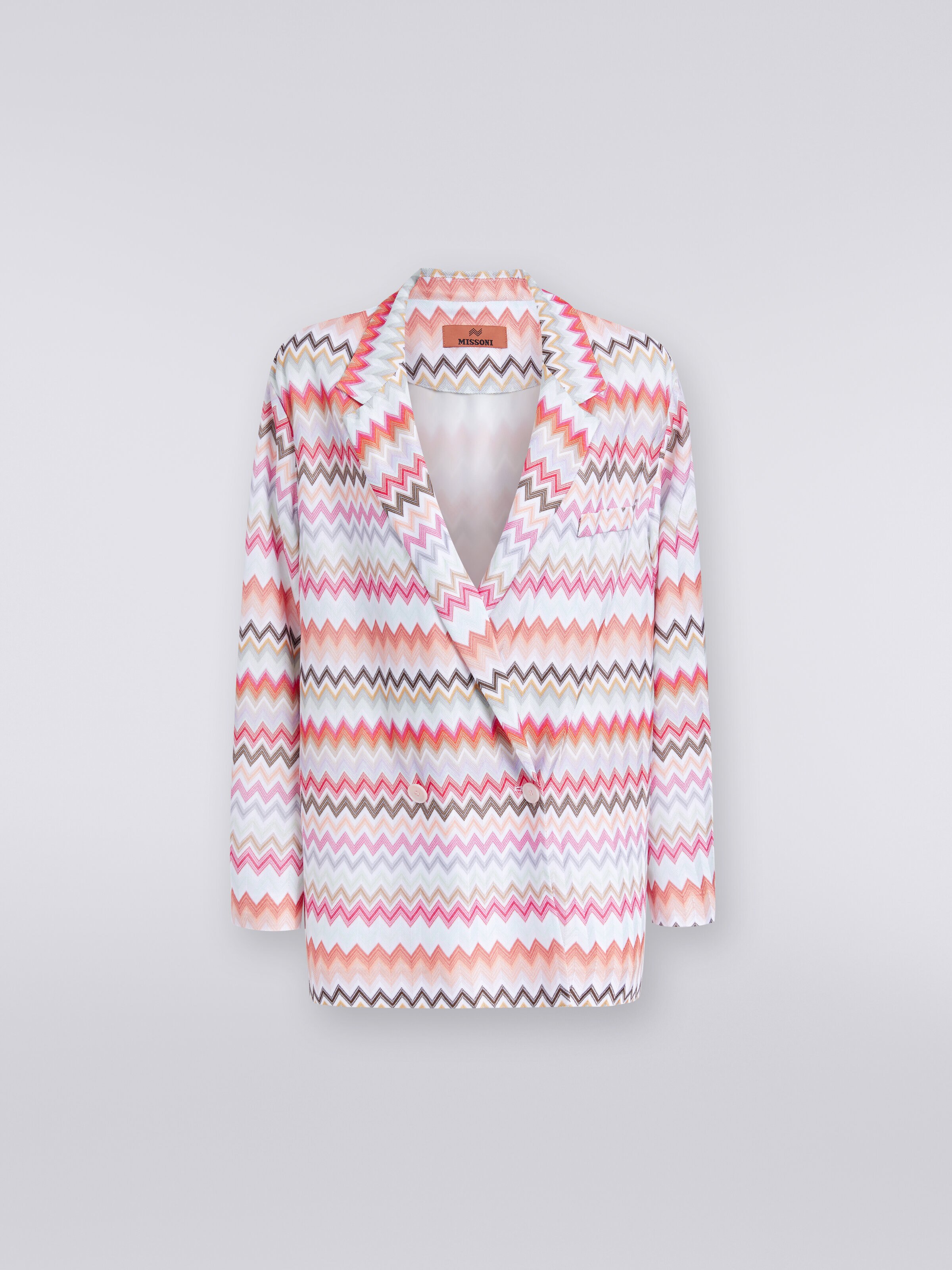 Double-breasted blazer in zigzag print cotton and viscose, Multicoloured  - 0