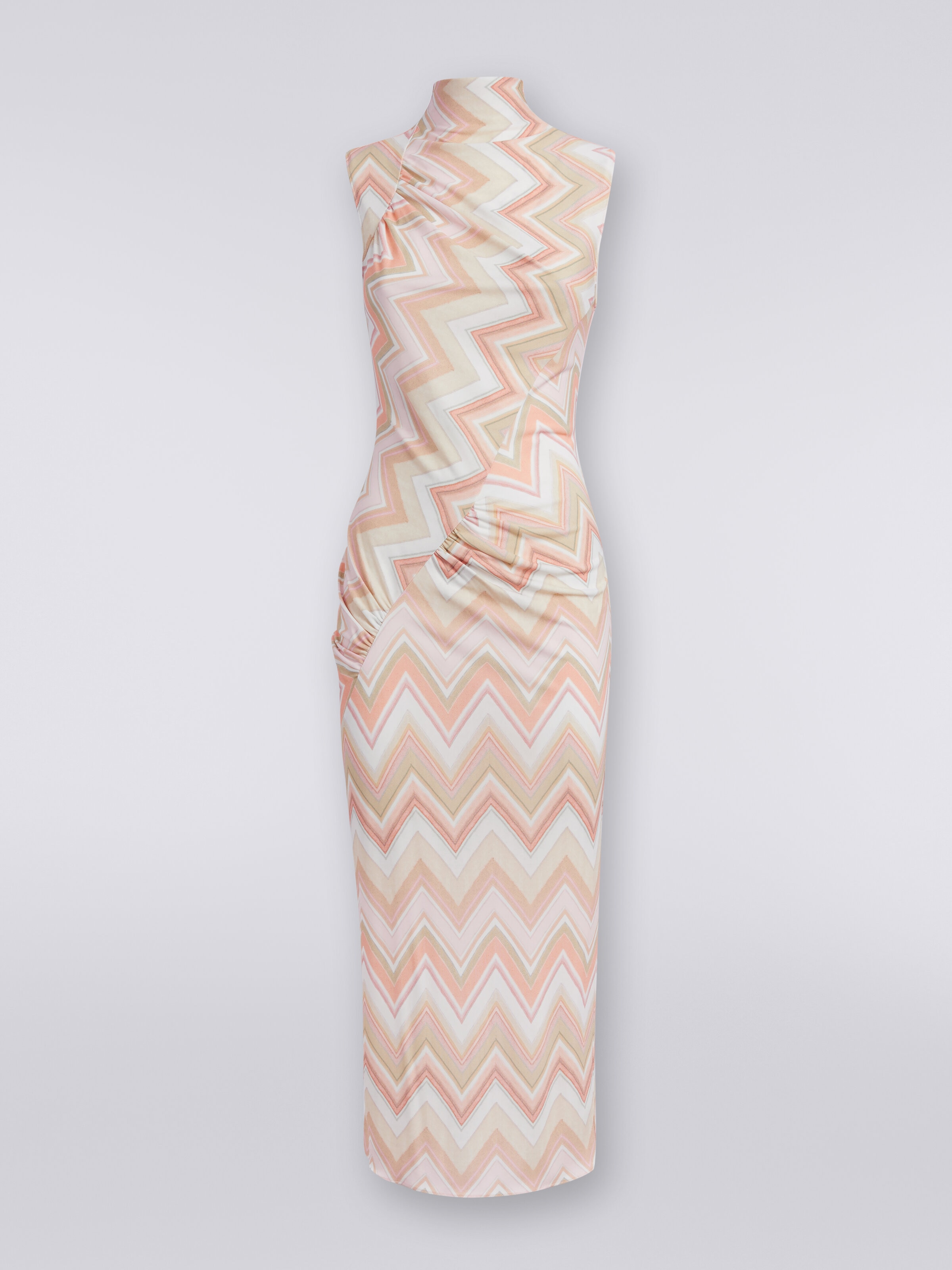 Longuette dress in zigzag viscose with gathers, Multicoloured  - 0