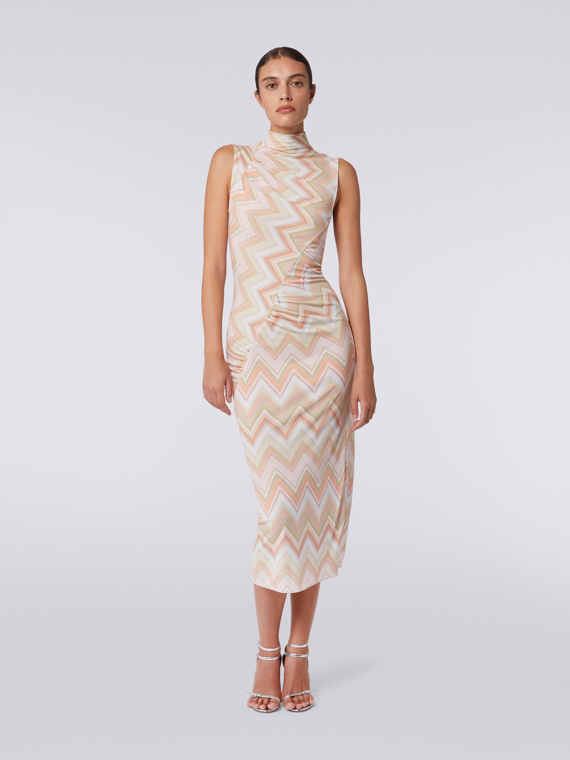 Longuette dress in zigzag viscose with gathers, Multicoloured  - 1