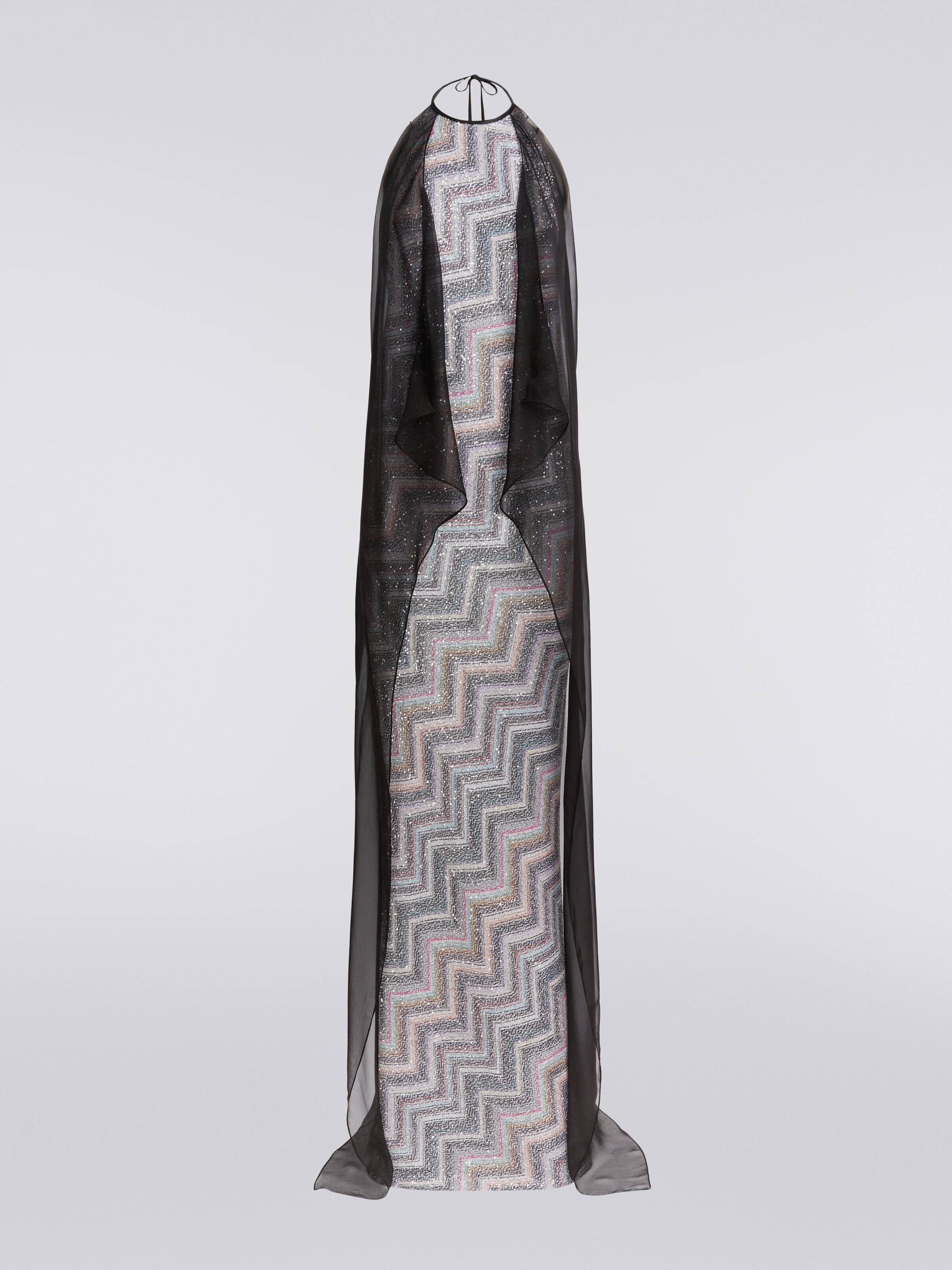 Robe longue en mailles à zig zag avec paillettes et applications chiffon, Multicolore  - 0