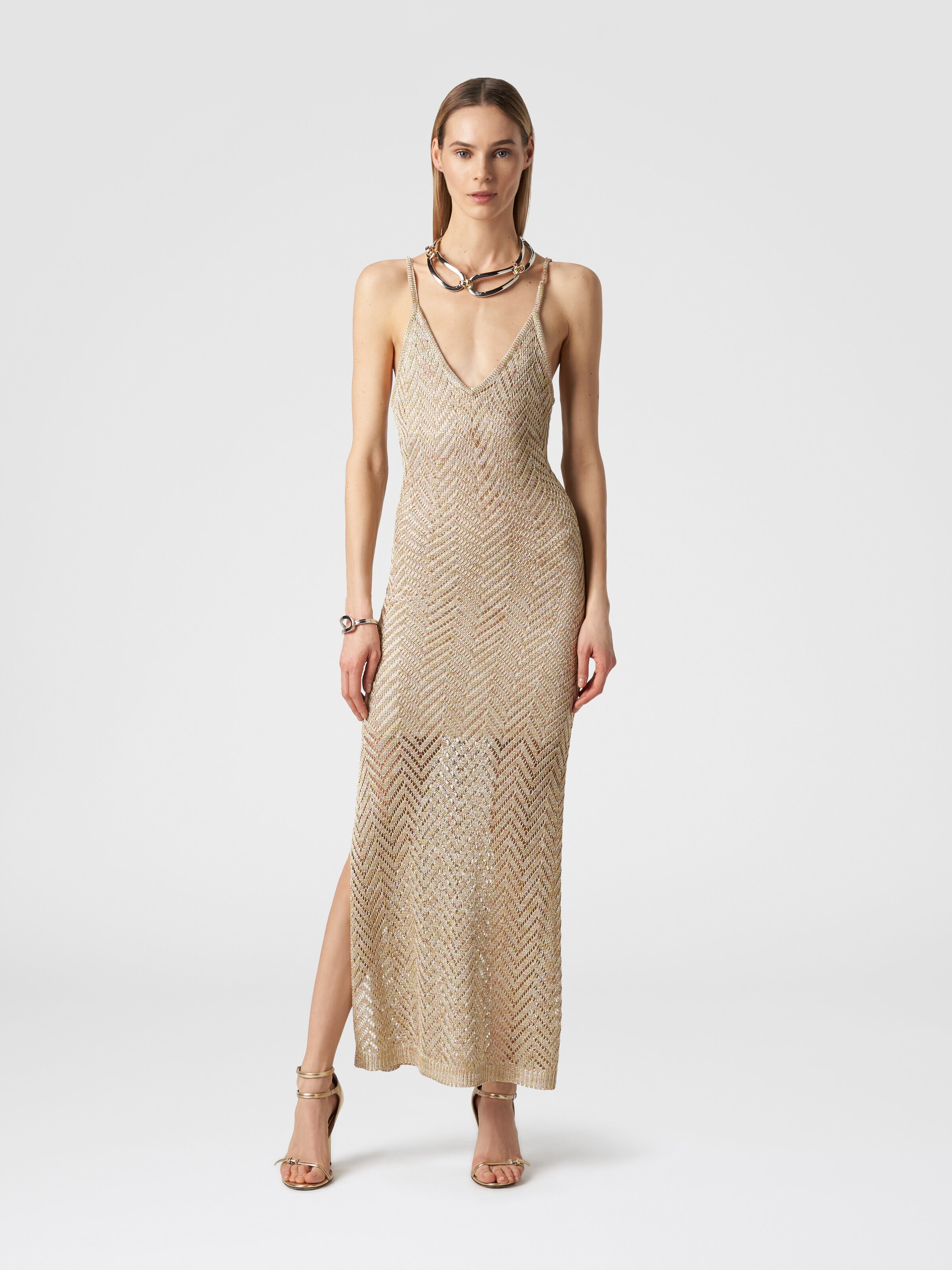 Dress in zigzag knit with crochet-effect weave, Gold - 1