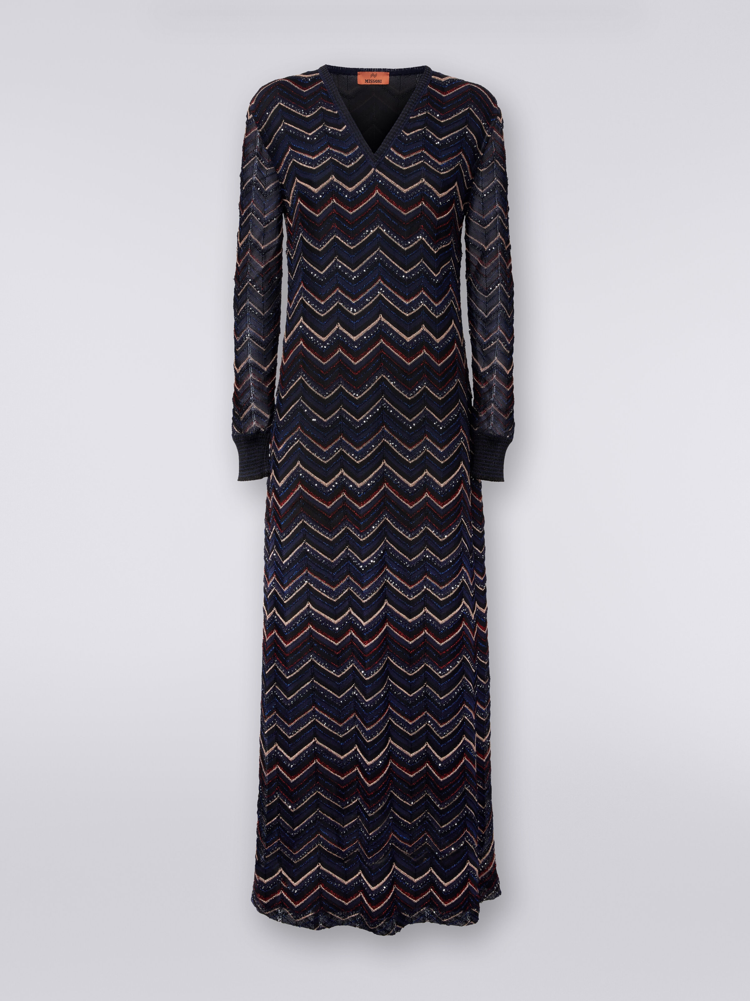 Long dress in zigzag knit with V neckline and lurex, Multicoloured  - 0