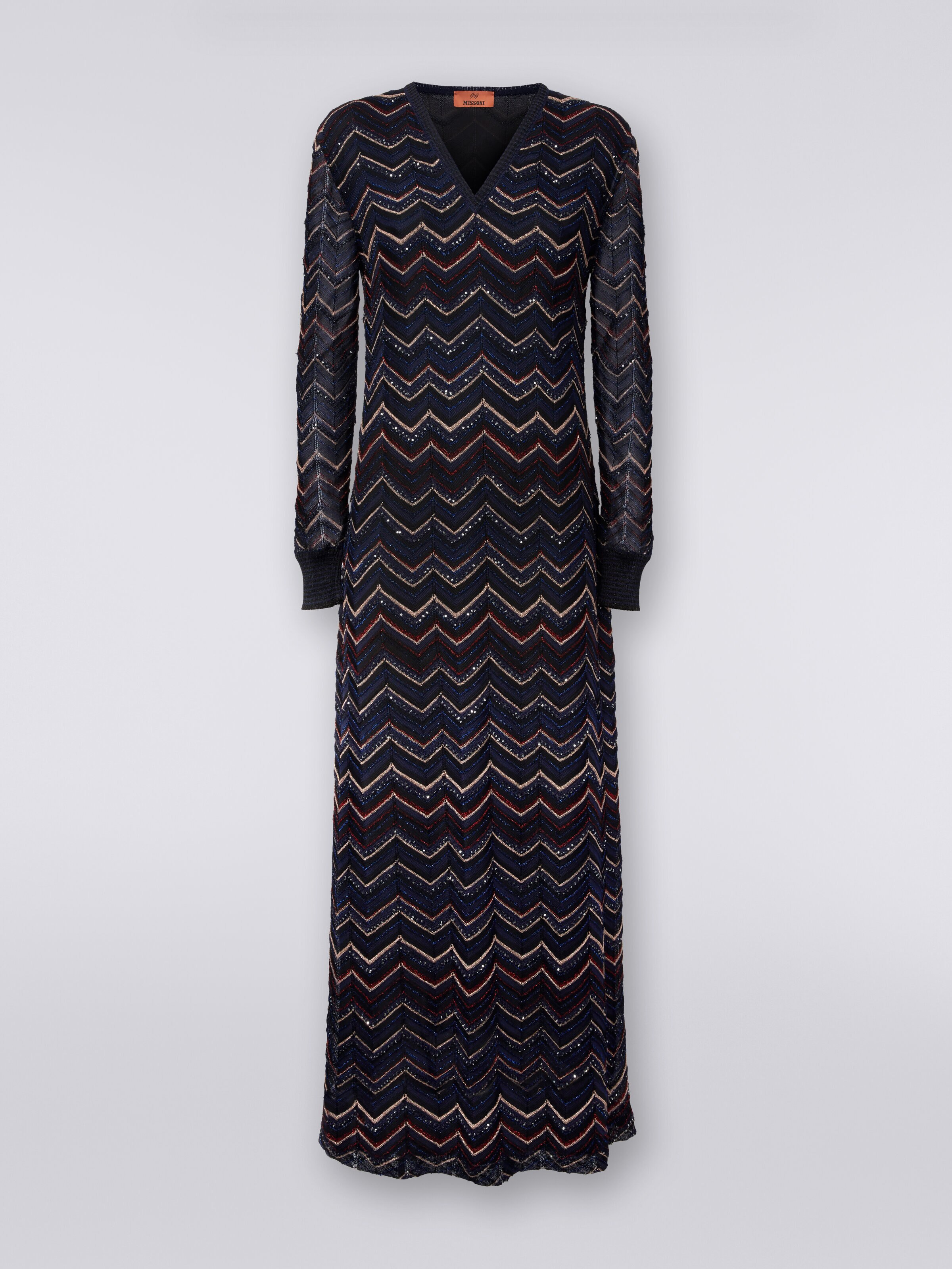 Abito lungo in maglia zig zag con scollatura a V e lurex, Multicolore  - 0