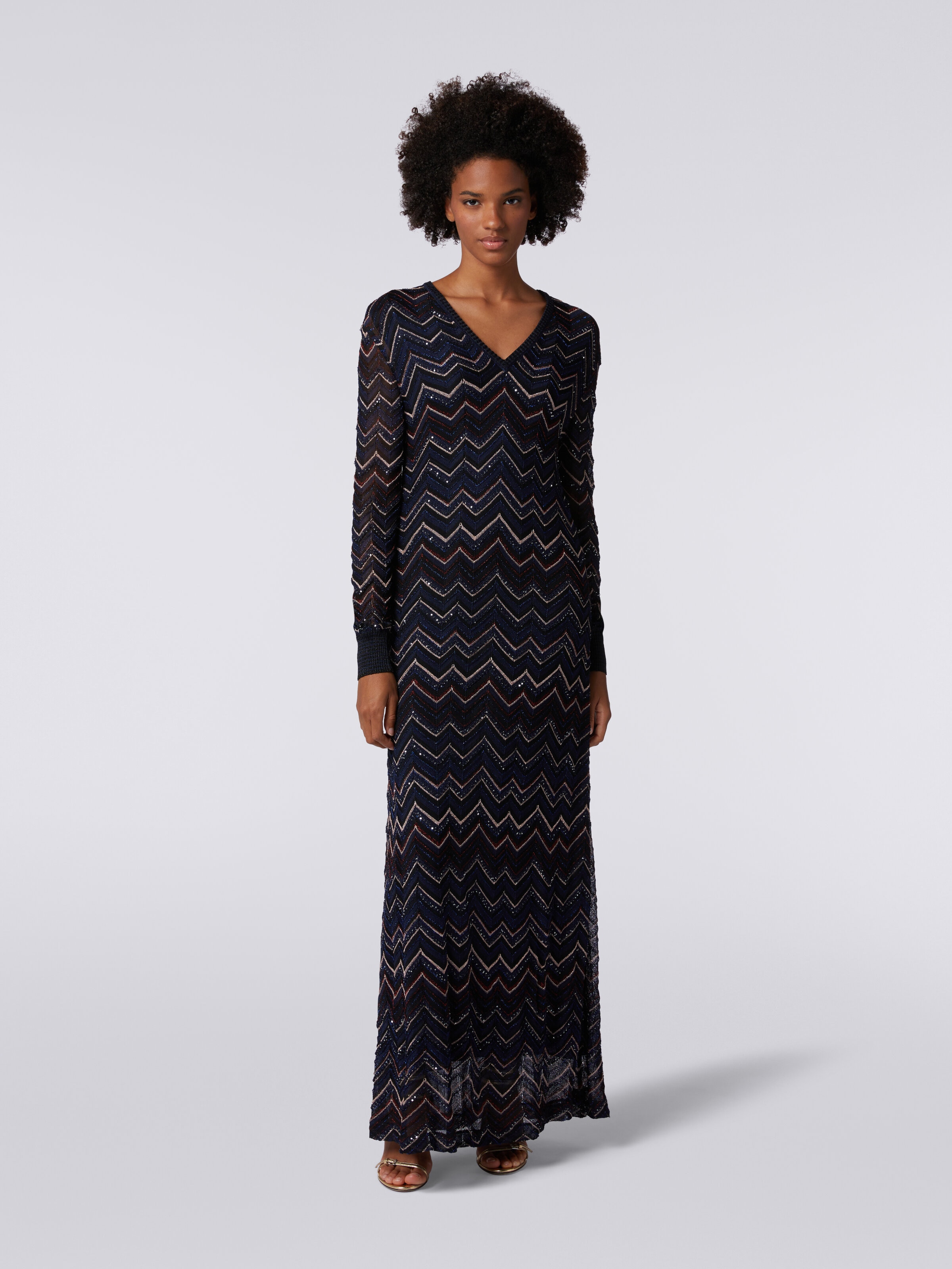 Long dress in zigzag knit with V neckline and lurex, Multicoloured  - 1
