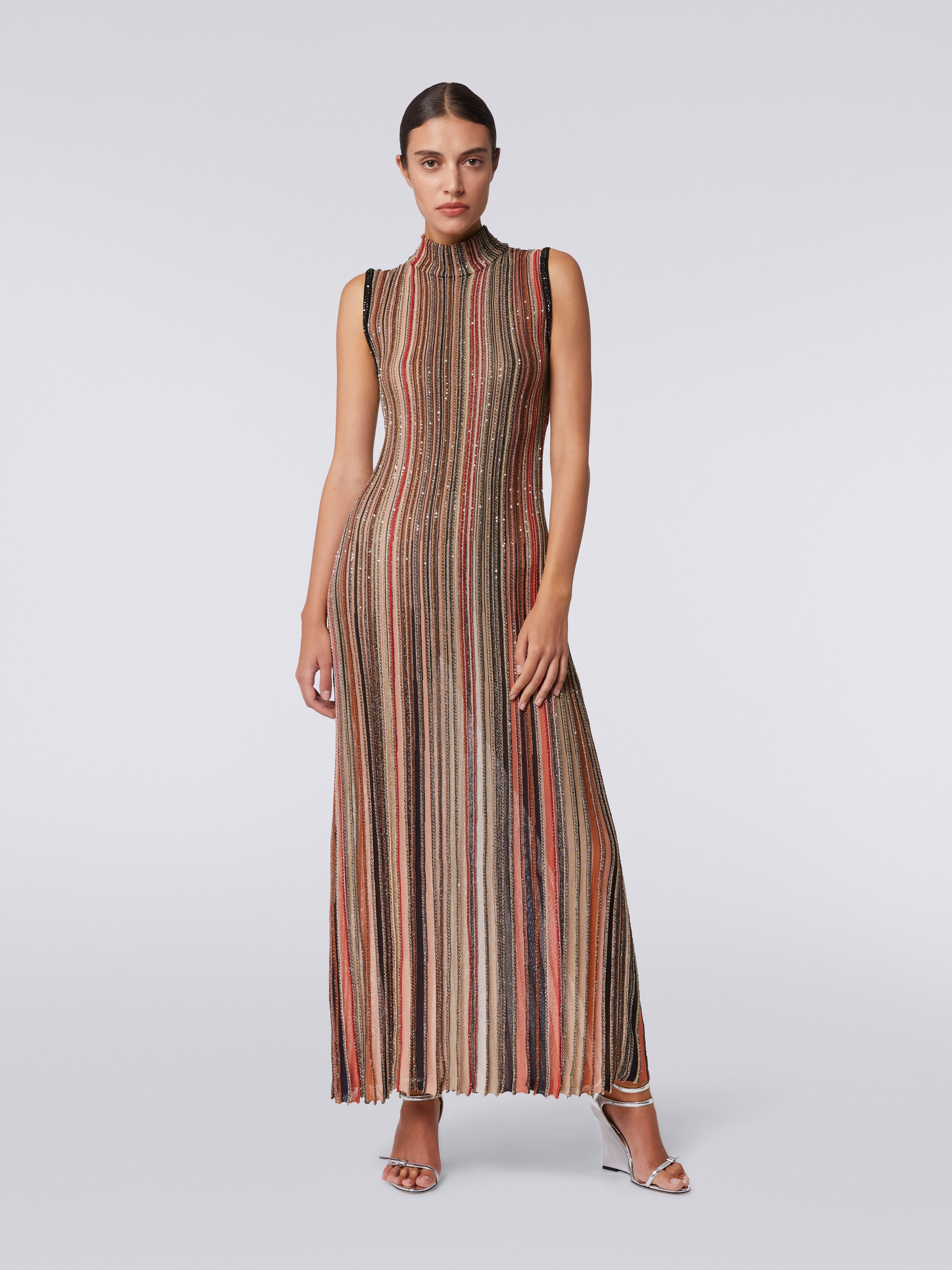 Long dress in vertical striped knit with sequins, Multicoloured  - 1