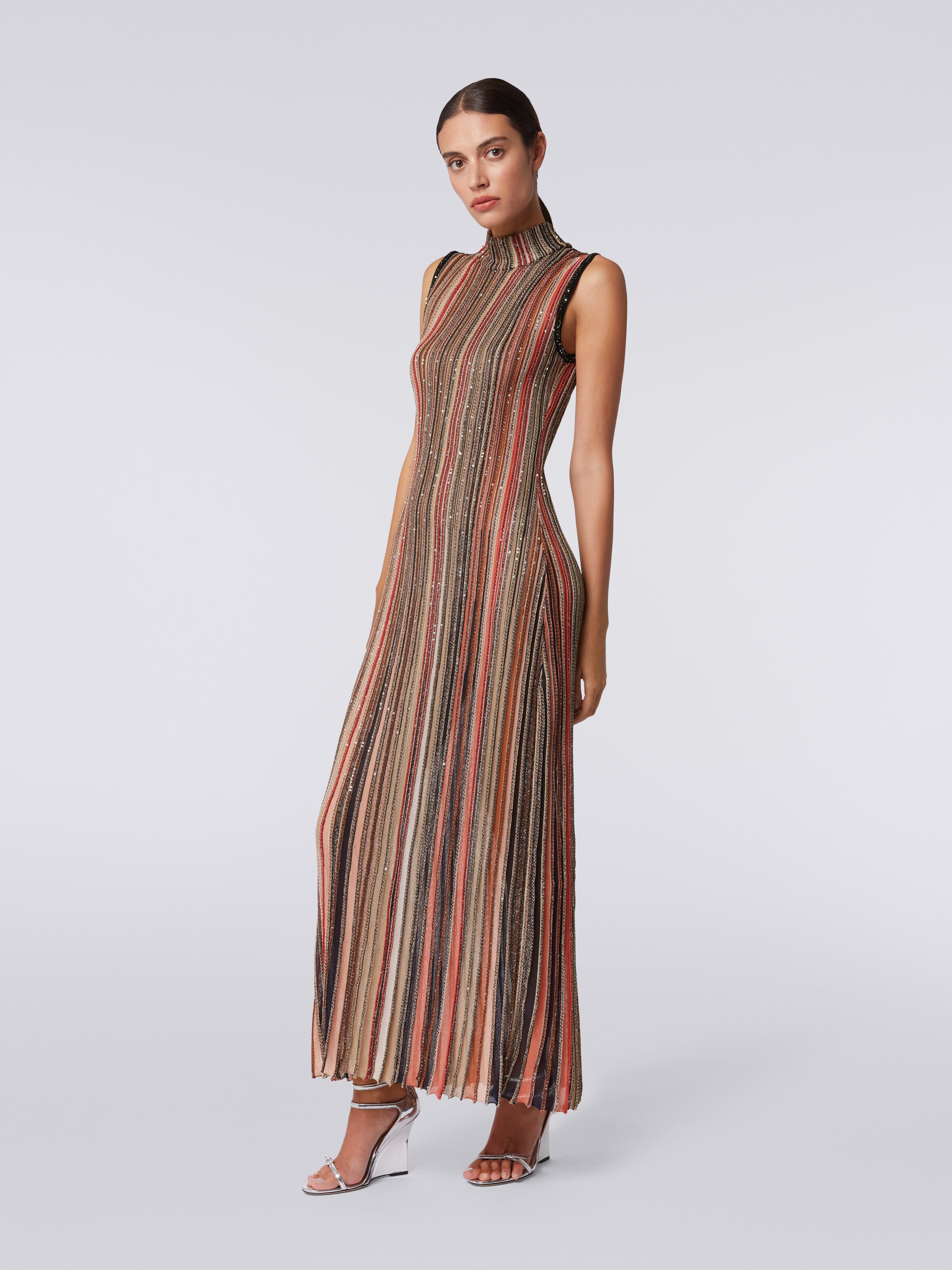 Long dress in vertical striped knit with sequins, Multicoloured  - 2