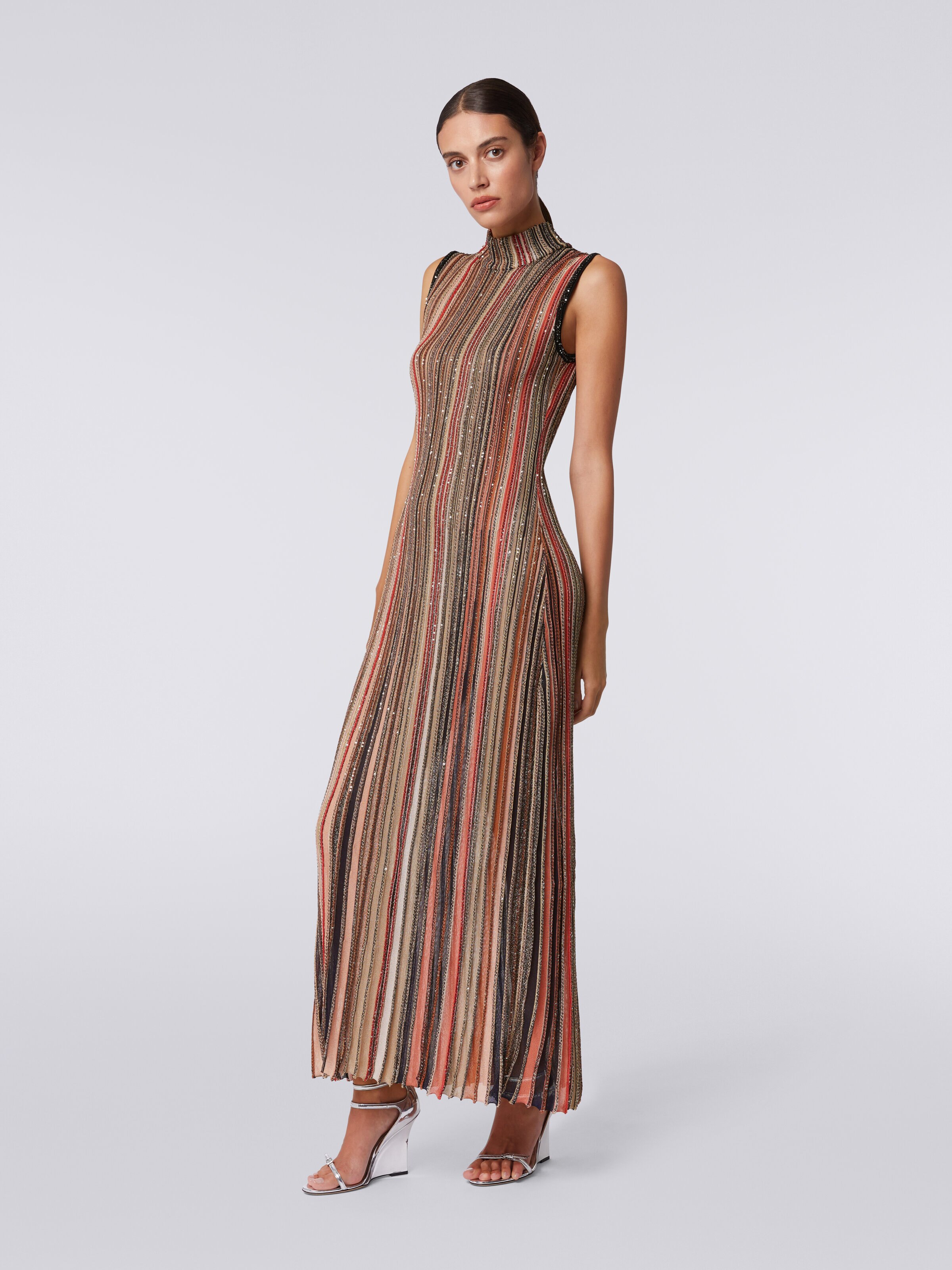 Long dress in vertical striped knit with sequins, Multicoloured  - 2