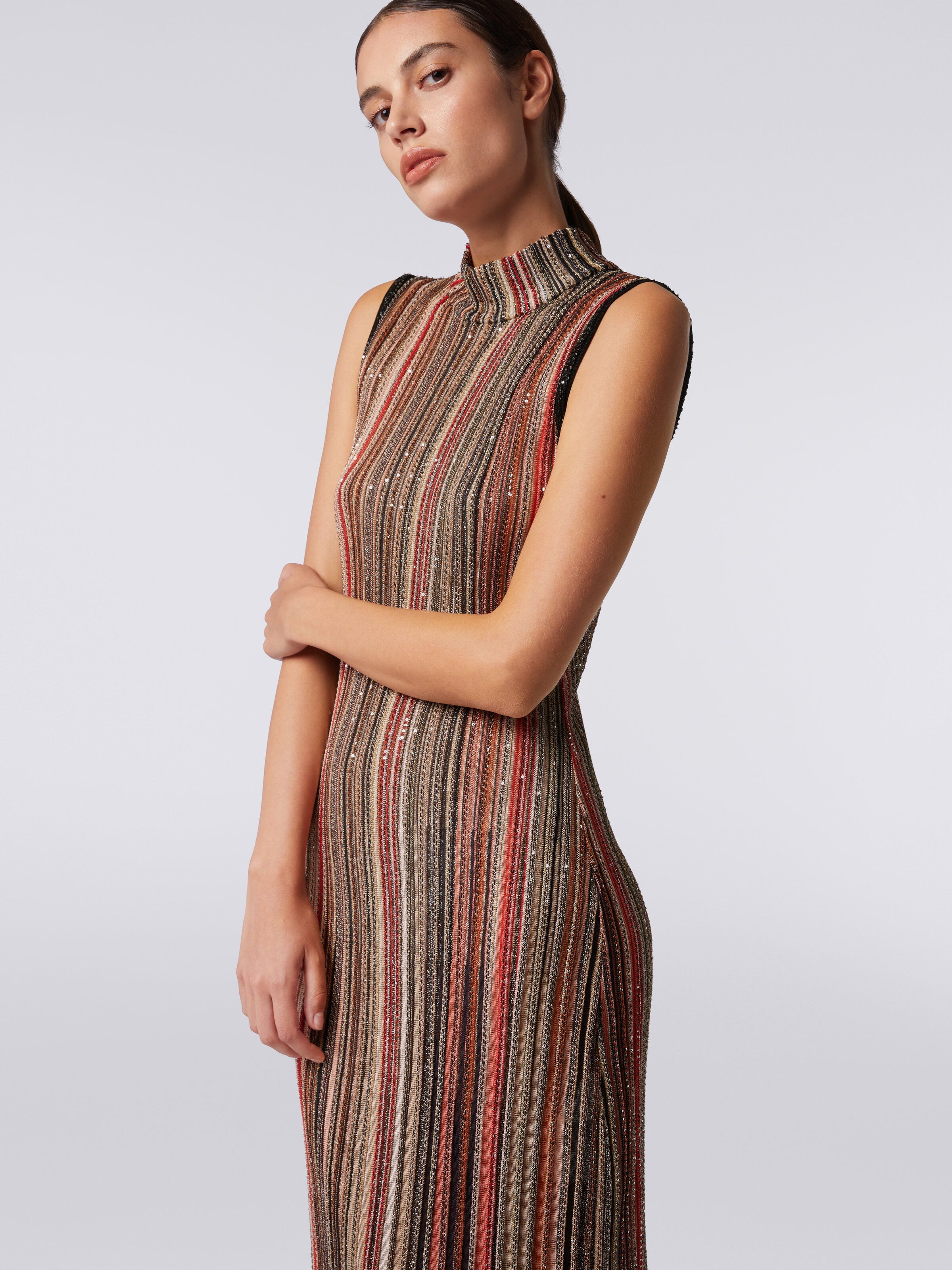 Long dress in vertical striped knit with sequins, Multicoloured  - 4