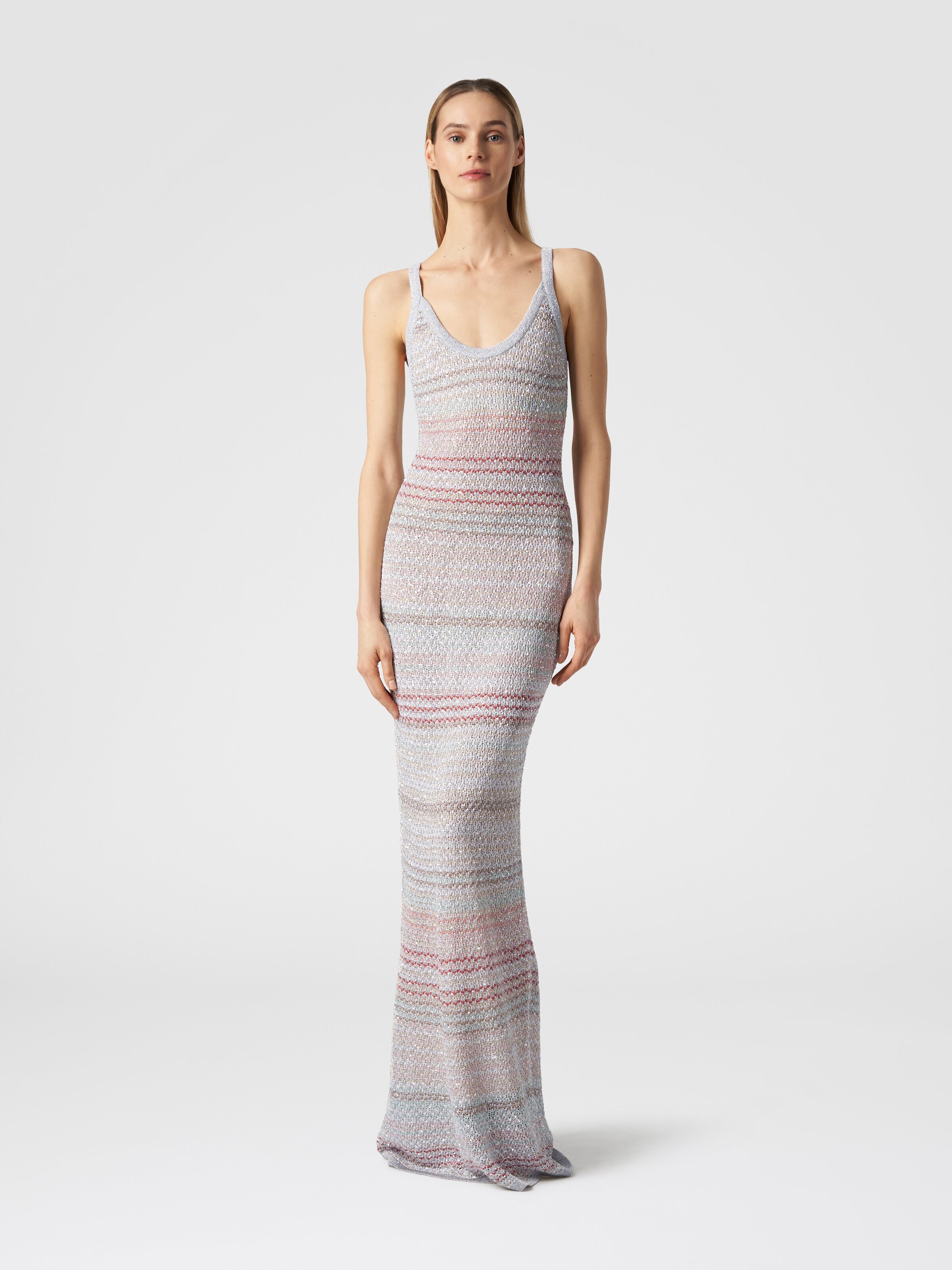 Long dress in zigzag knit with crochet-effect weave, Multicoloured  - 1