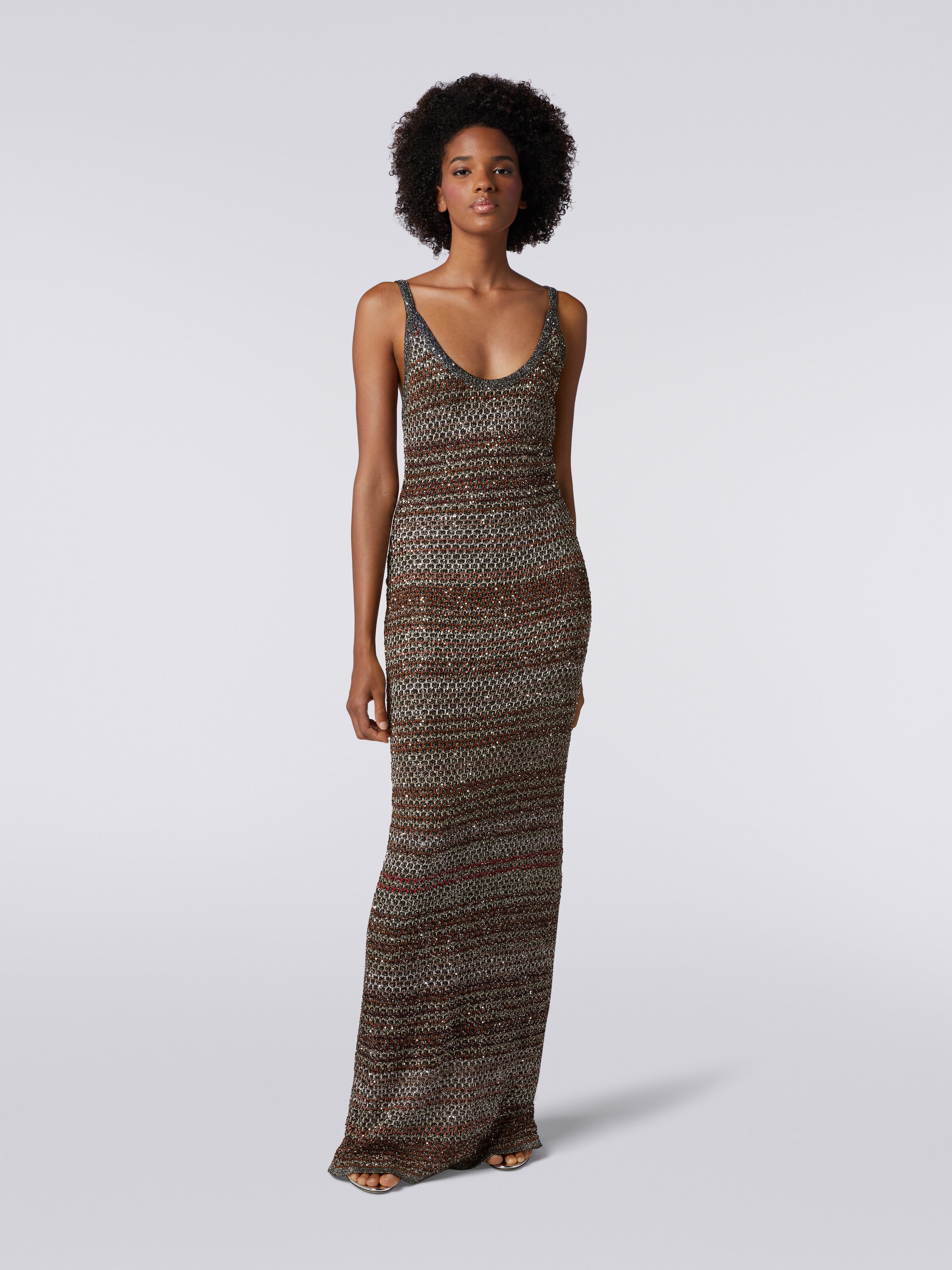 Long dress in zigzag knit with crochet-effect weave Multicoloured 