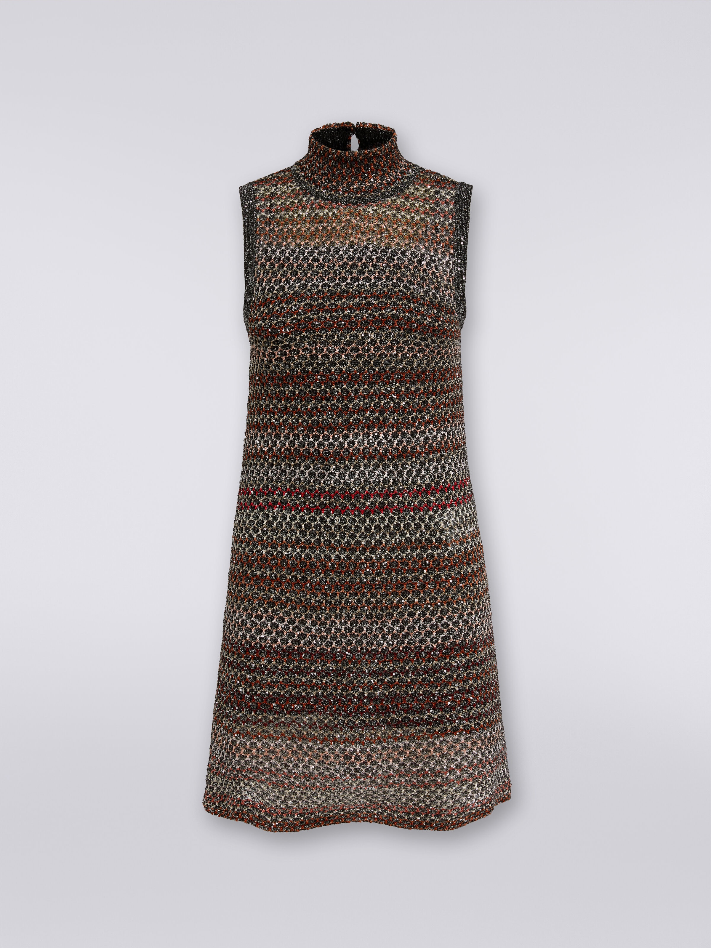 Mini-abito in maglia a rete con collo alto e applicazione di paillettes, Multicolore  - 0
