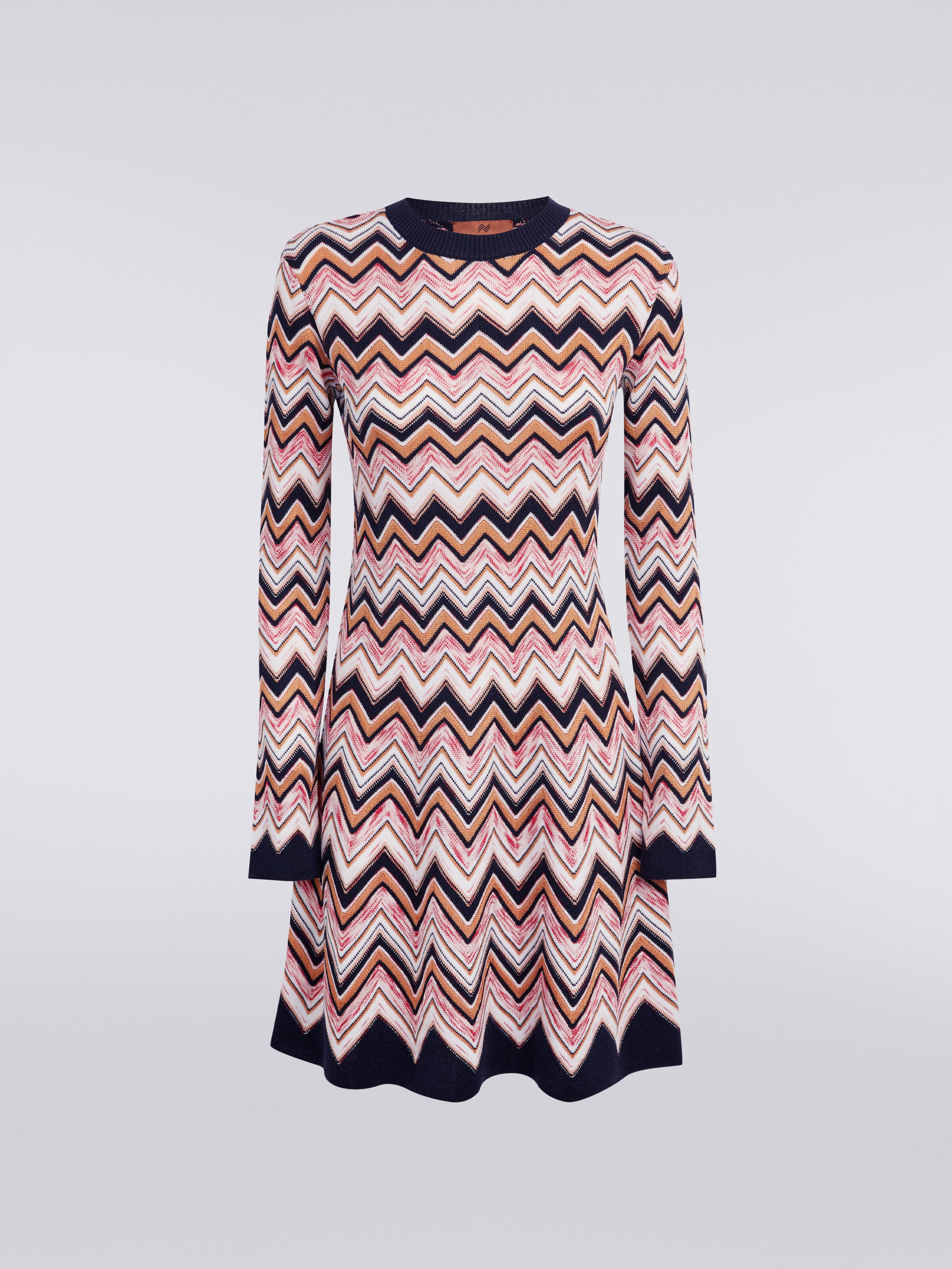 Long-sleeved crew-neck dress in zigzag knit, Multicoloured  - 0
