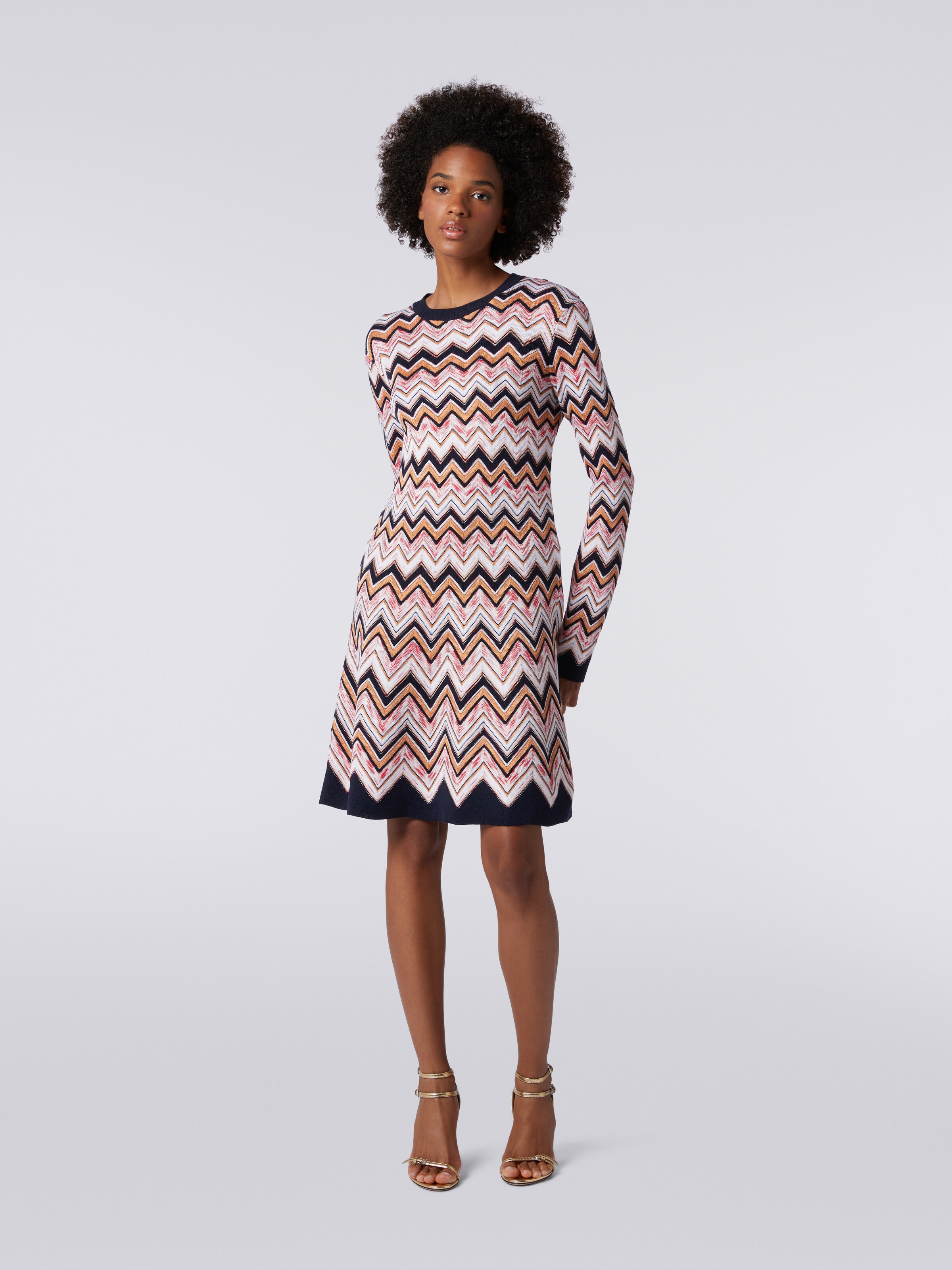Long-sleeved crew-neck dress in zigzag knit, Multicoloured  - 1