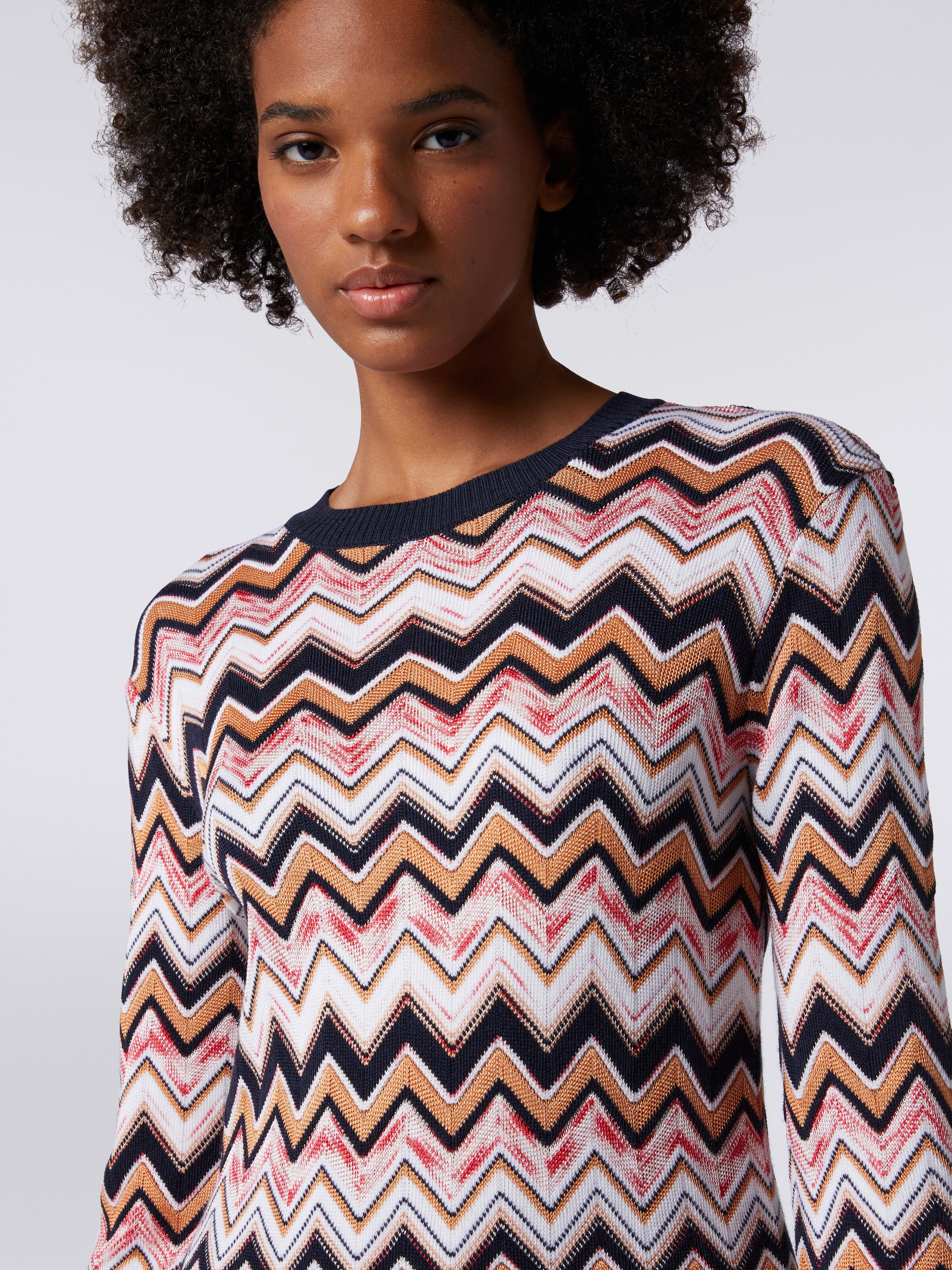 Vestido de cuello redondo de manga larga de punto zigzag, Multicolor  - 4