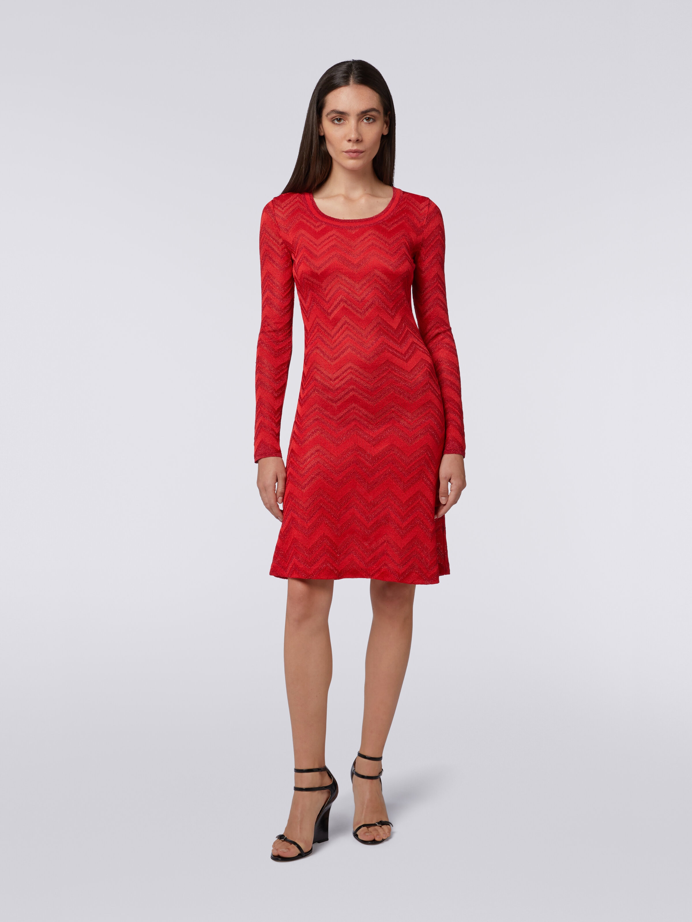 Dress in tonal zigzag knit with lurex, Red  - 1