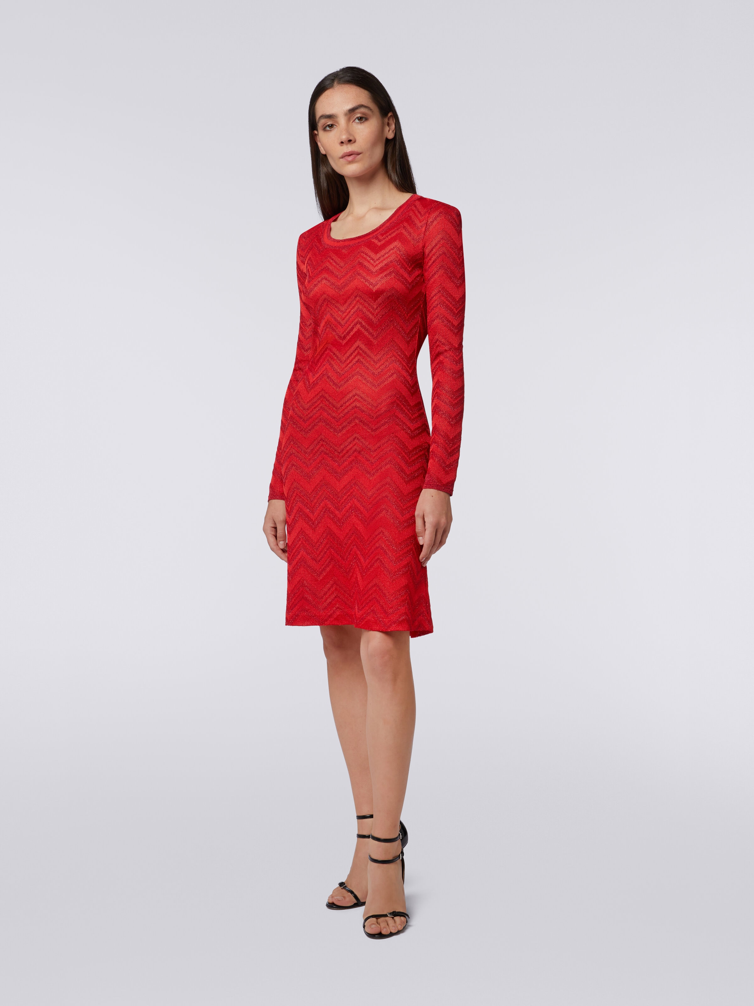Dress in tonal zigzag knit with lurex, Red  - 2