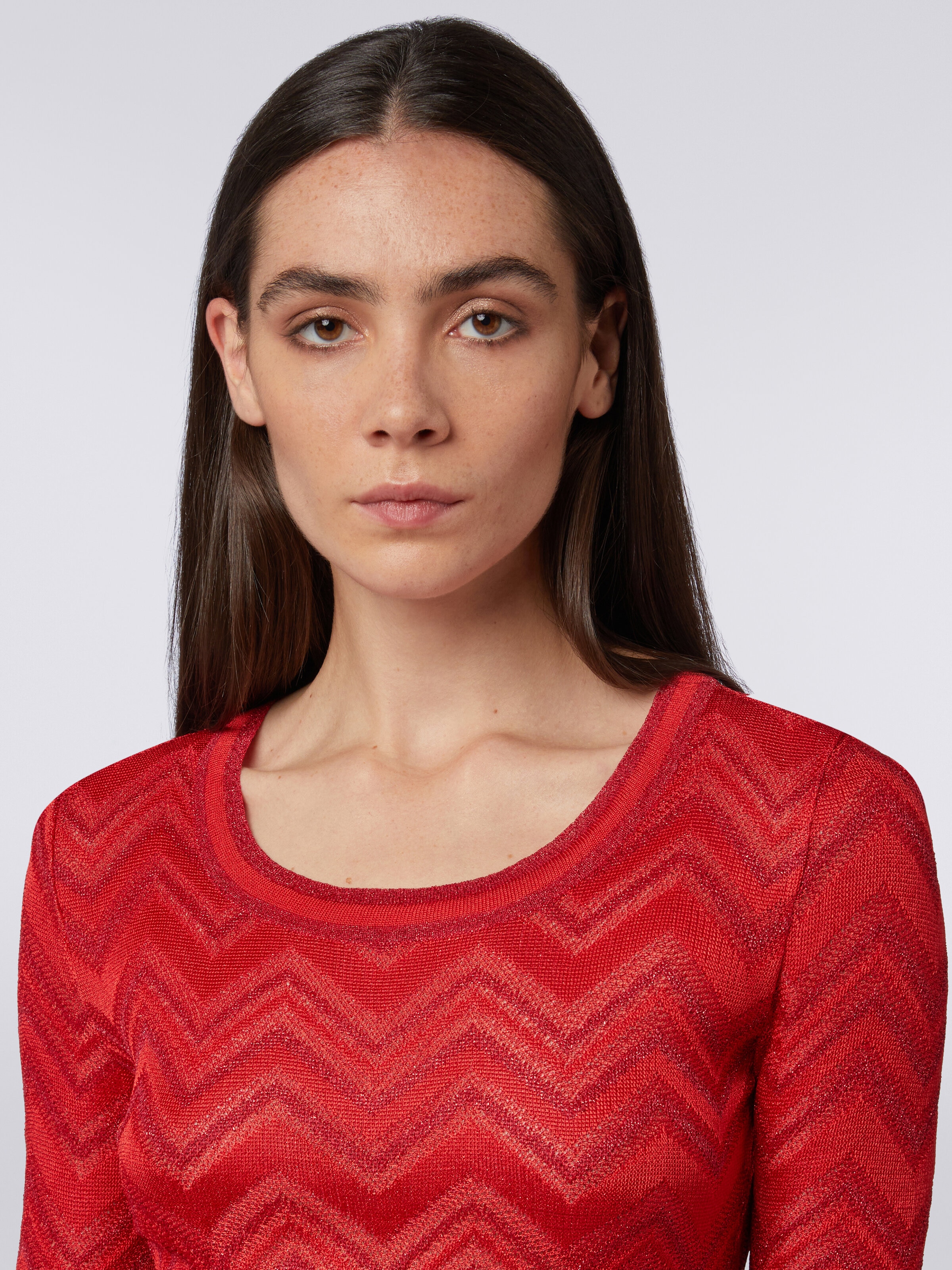 Dress in tonal zigzag knit with lurex, Red  - 4