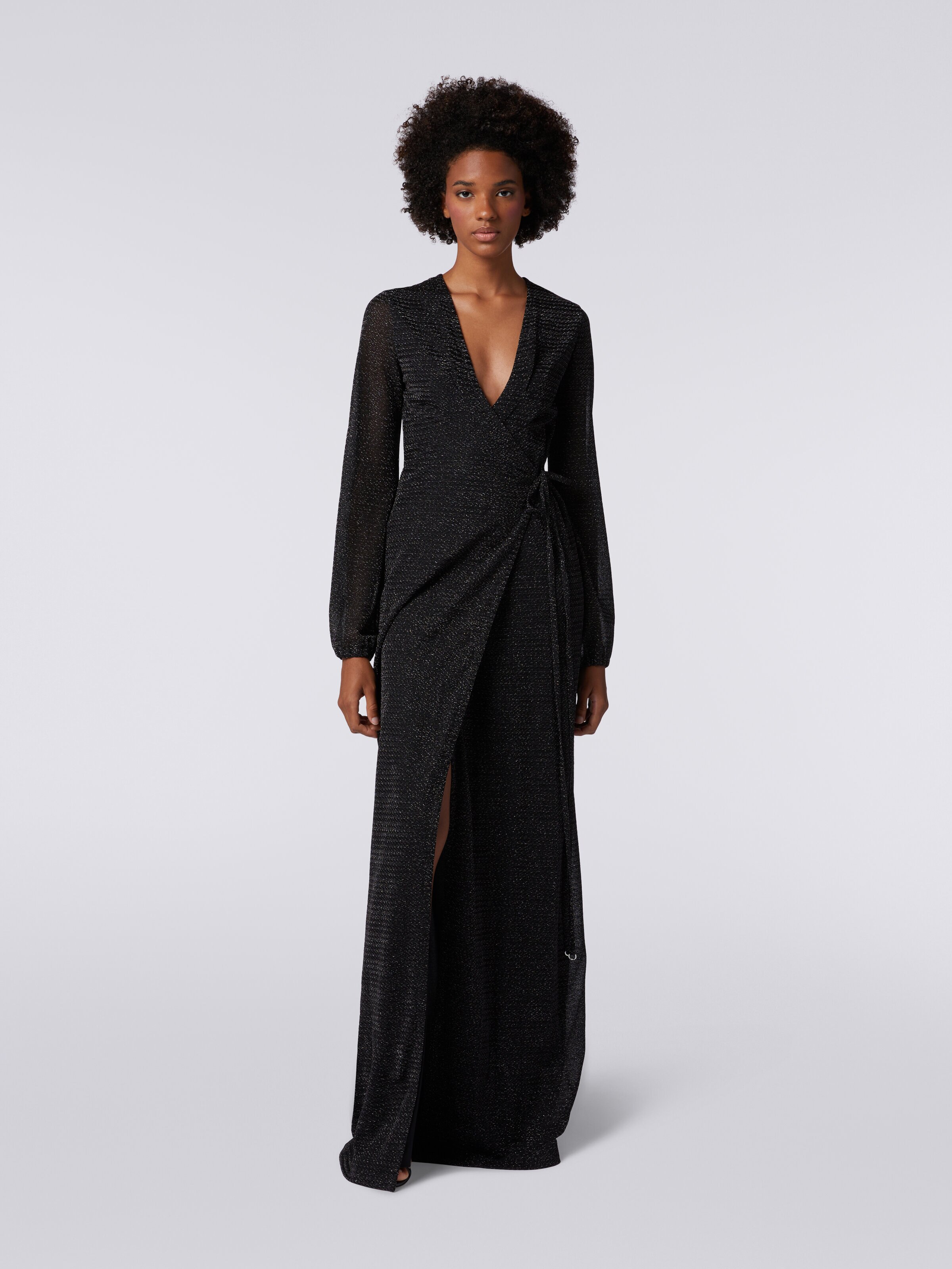 Long V-neck dress in lamé viscose, Black    - 1