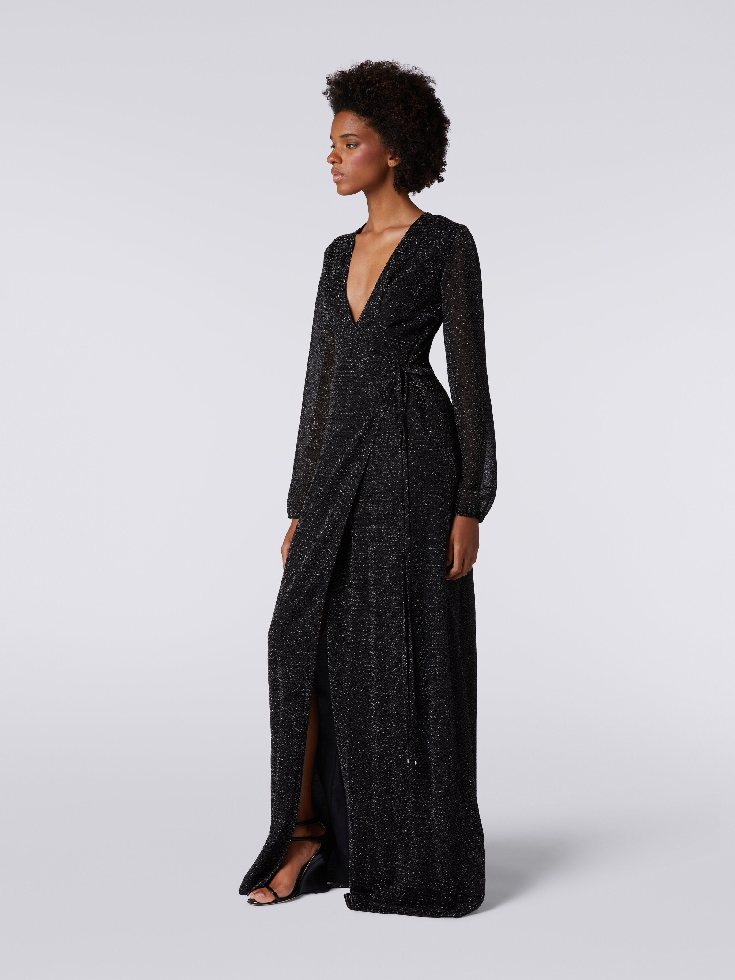 Long V-neck dress in lamé viscose, Black    - 2