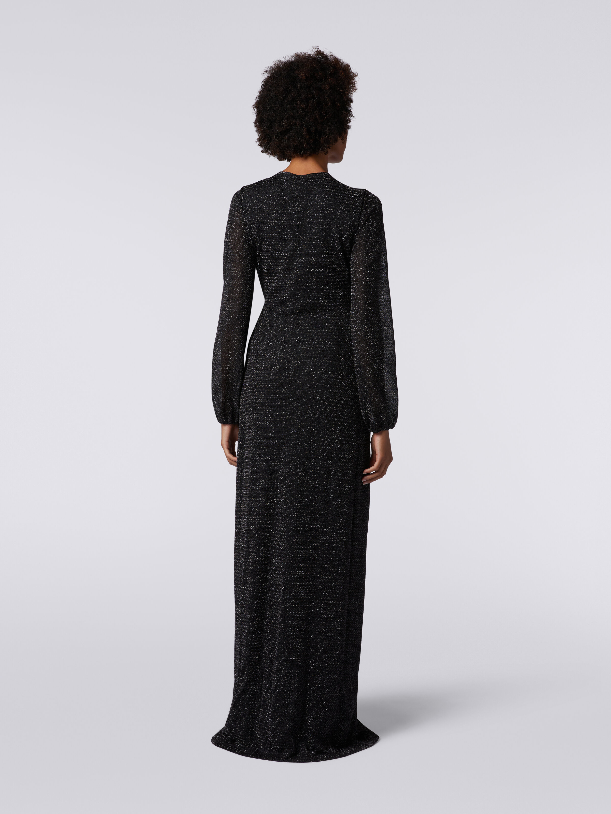 Long V-neck dress in lamé viscose, Black    - 3