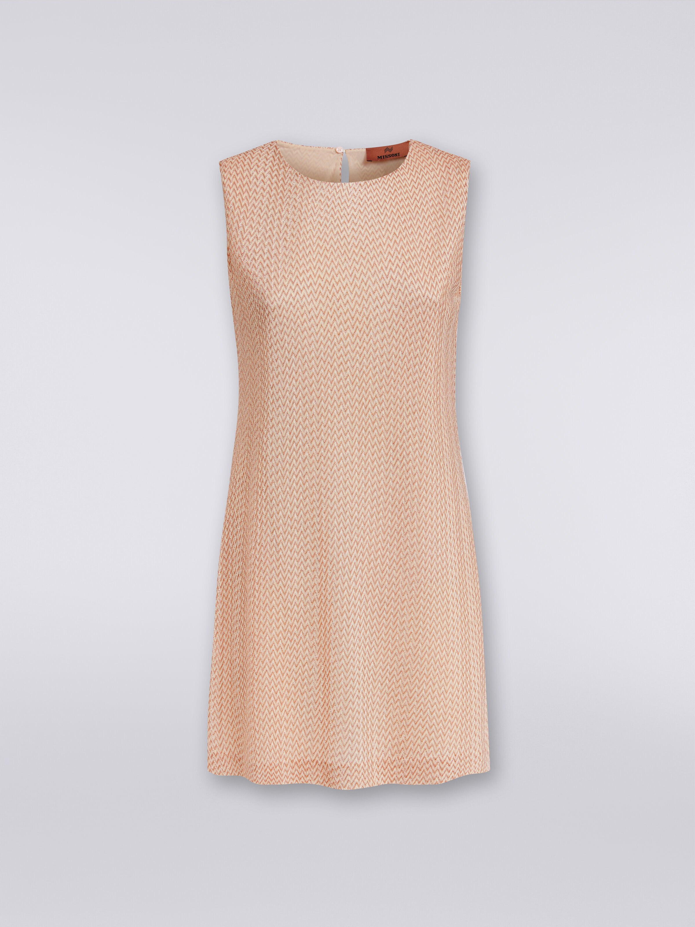 Sleeveless minidress in lamé viscose, Beige - 0