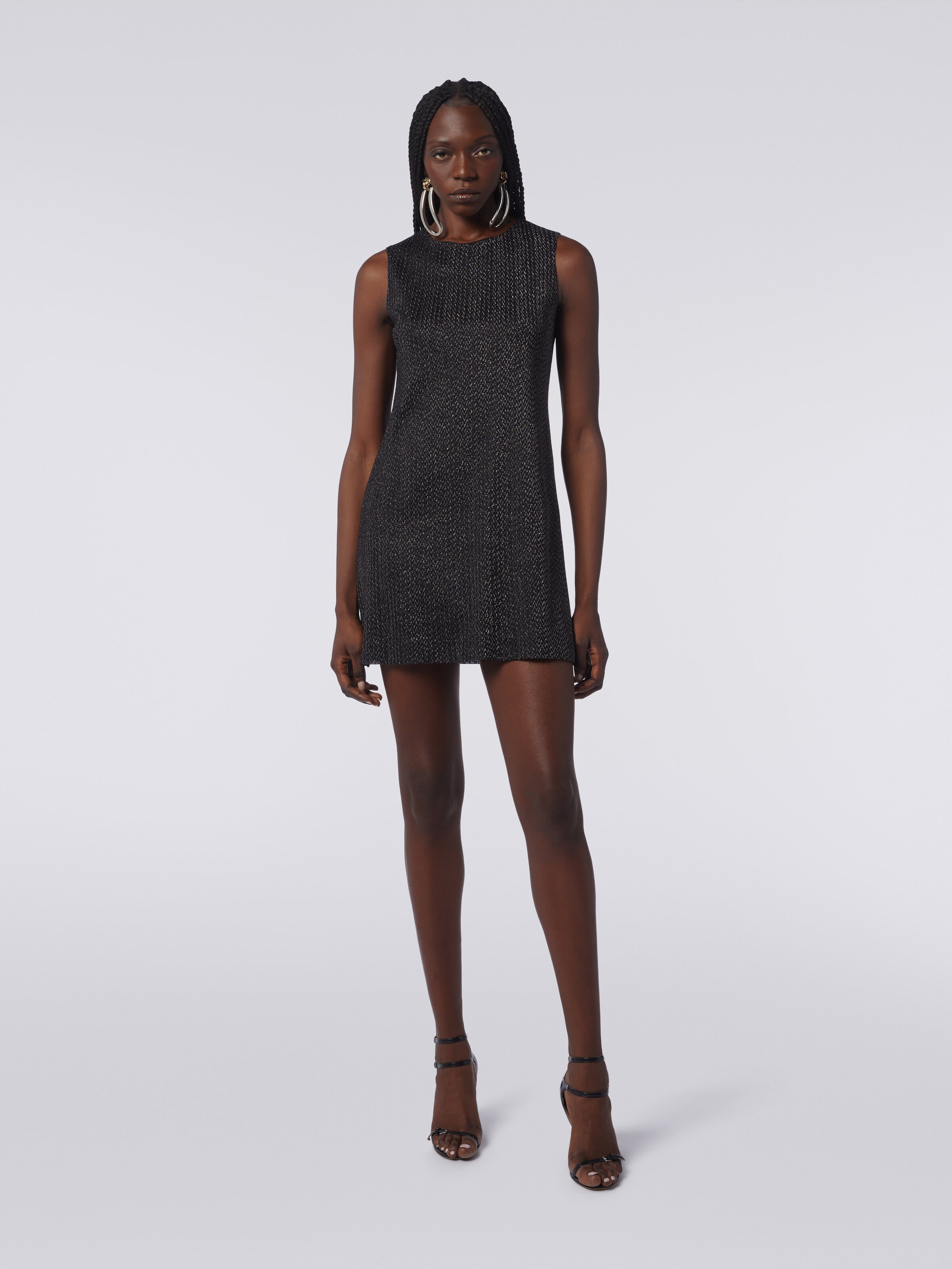 Mini-robe sans manches en viscose lamée, Noir    - 1