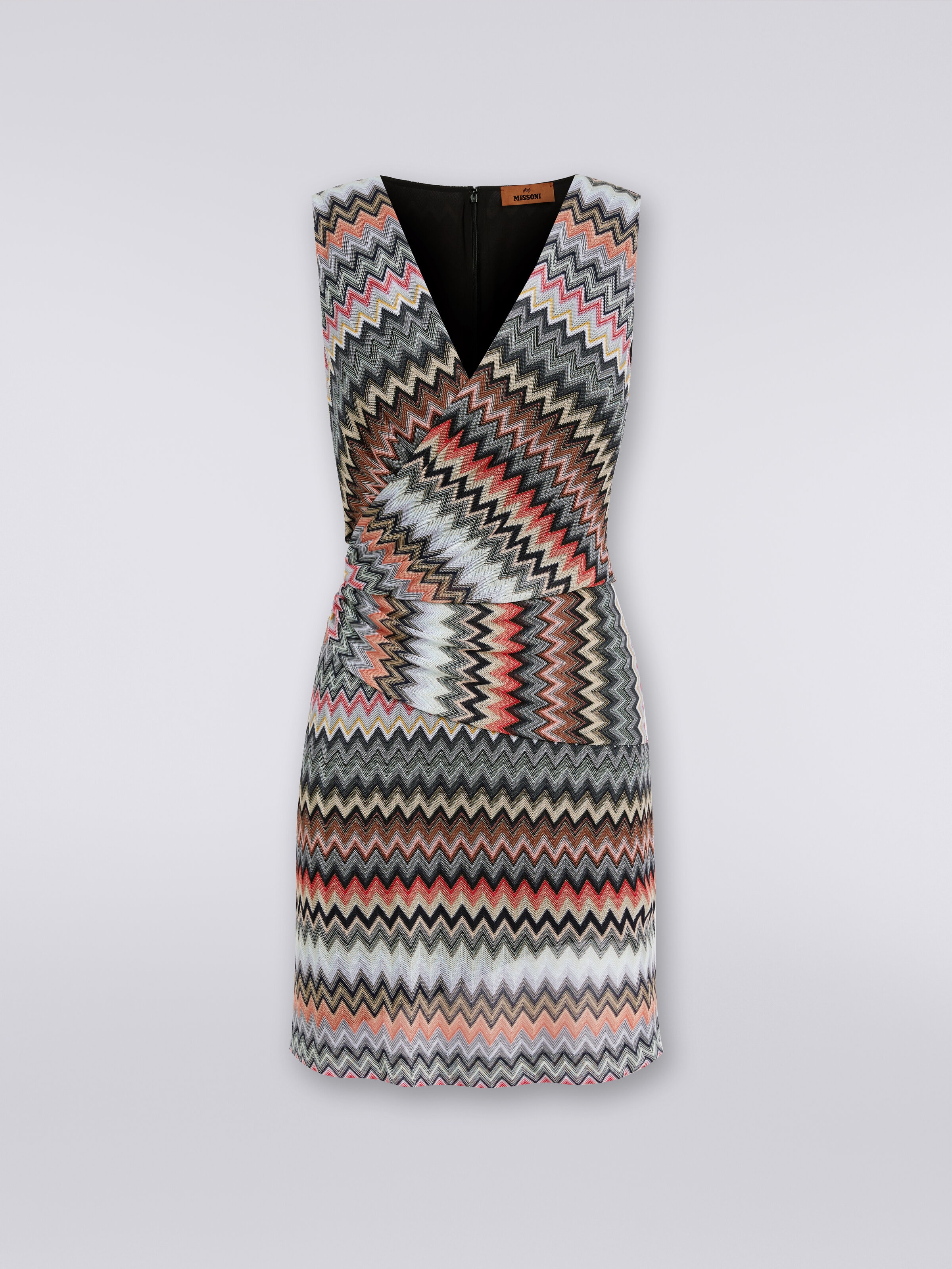 V-neck minidress in zigzag viscose and cotton, Multicoloured  - 0