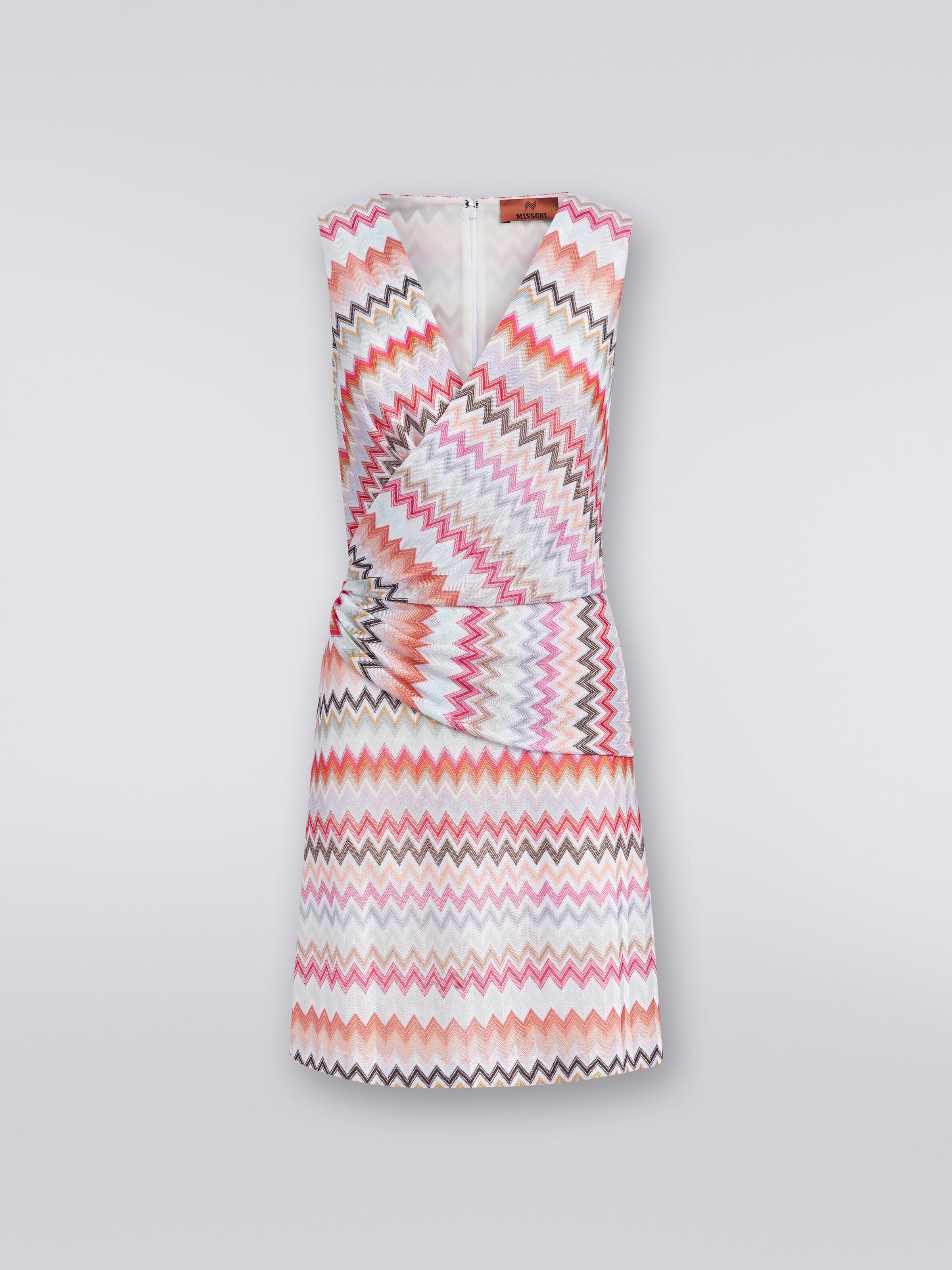 V-neck minidress in zigzag viscose and cotton, Multicoloured  - 0