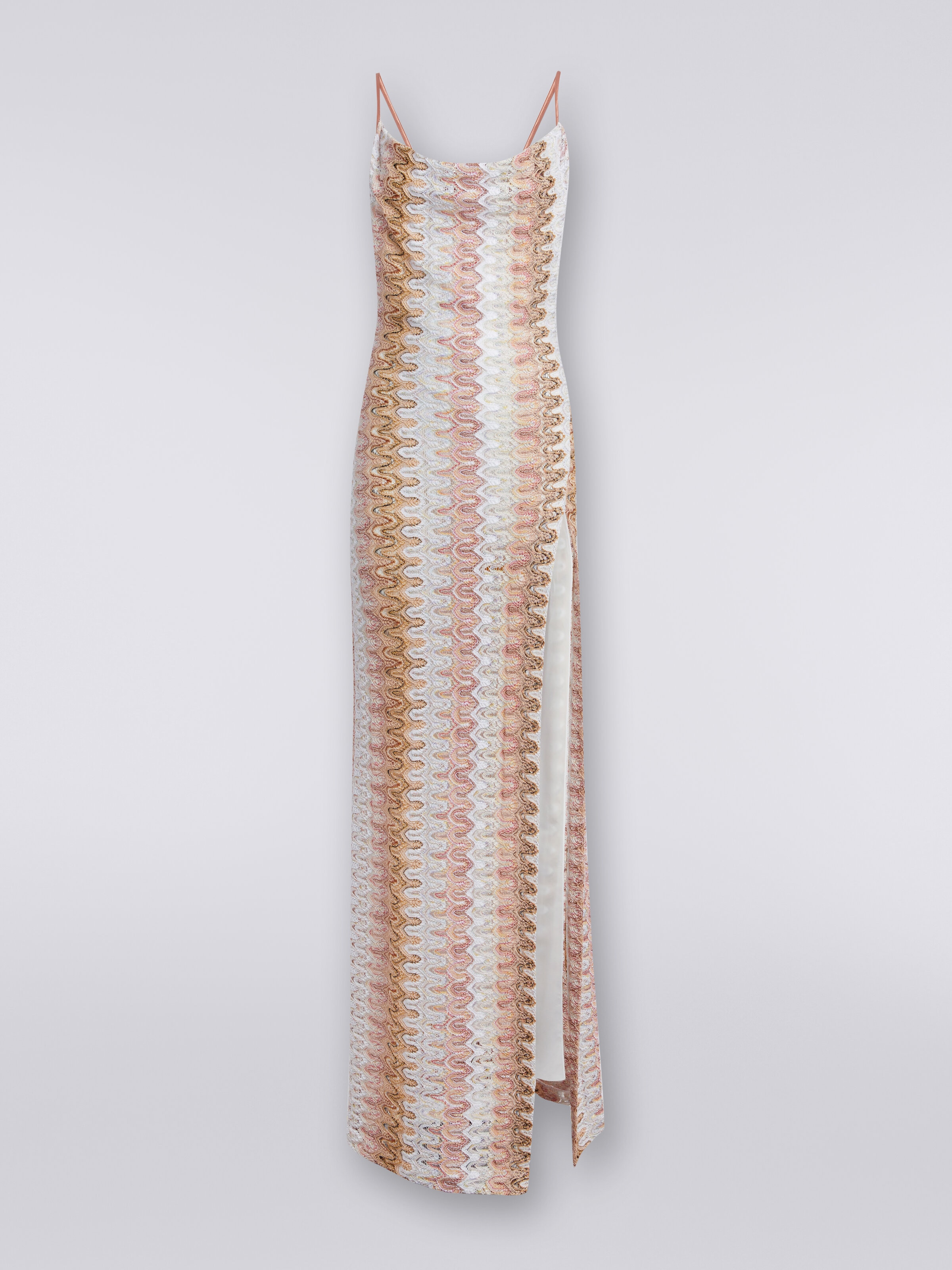 Long lace-effect dress with draped neckline and slit , Multicoloured  - 0