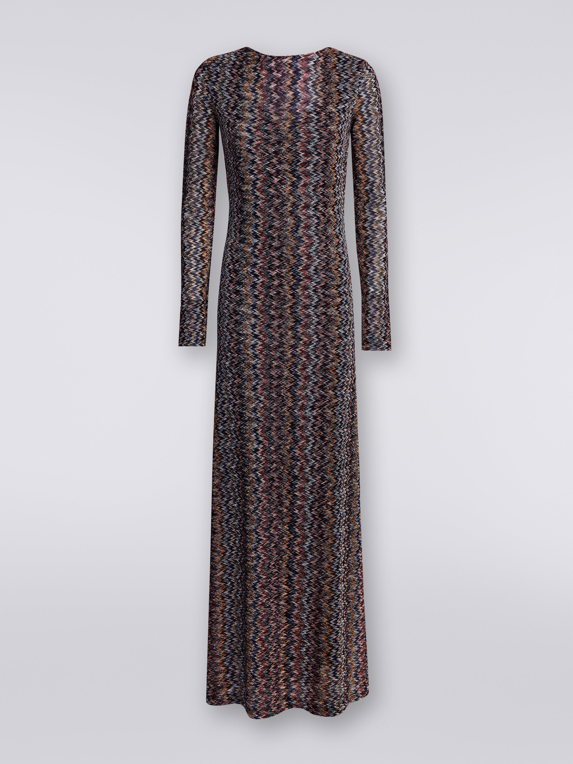 Langes Kleid aus Viskose mit rückseitigem V-Ausschnitt, Chevronmuster und Lurex, Mehrfarbig  - 0