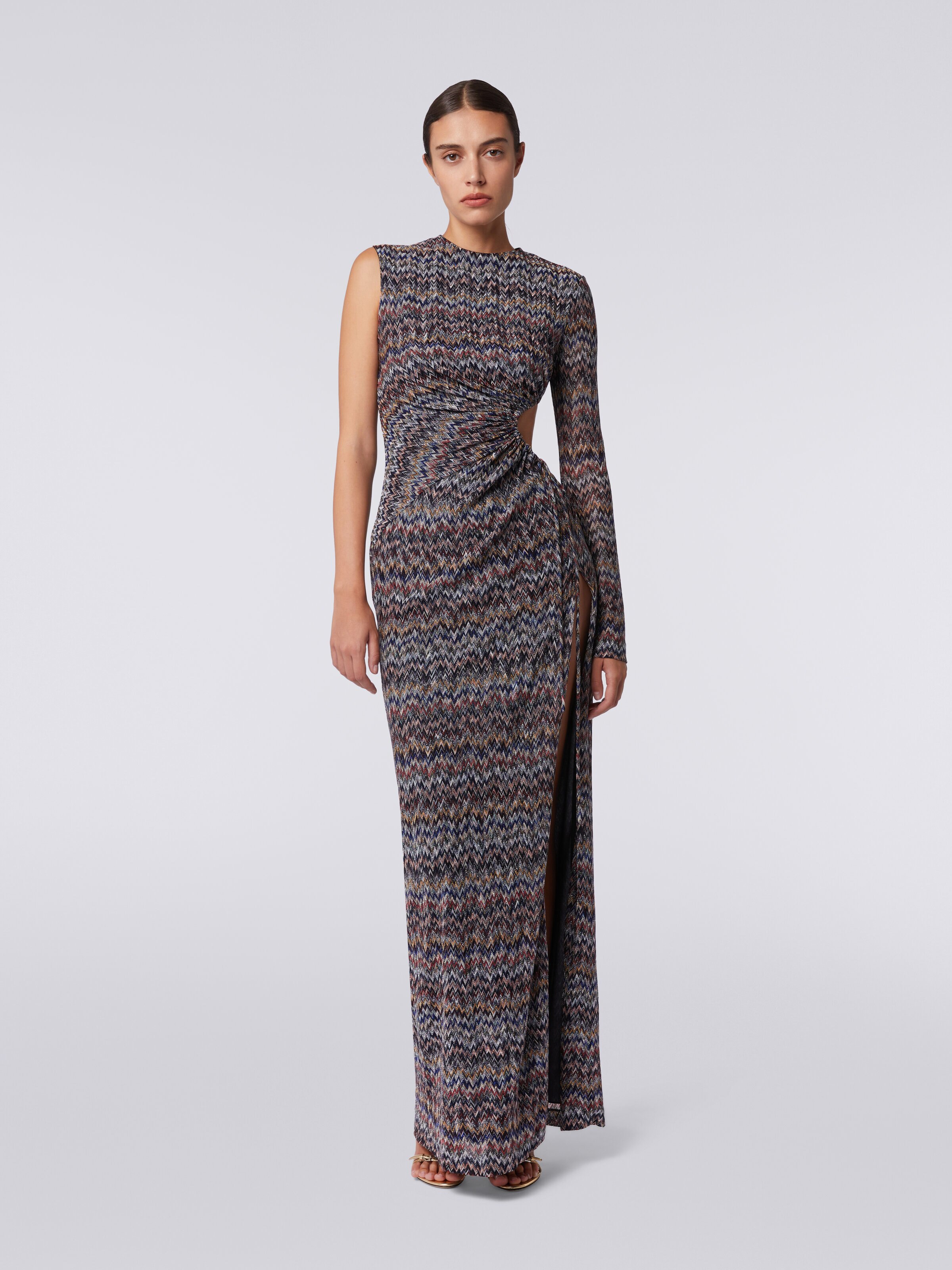 One-shoulder long dress with cut-out detail and slit, Multicoloured  - 1